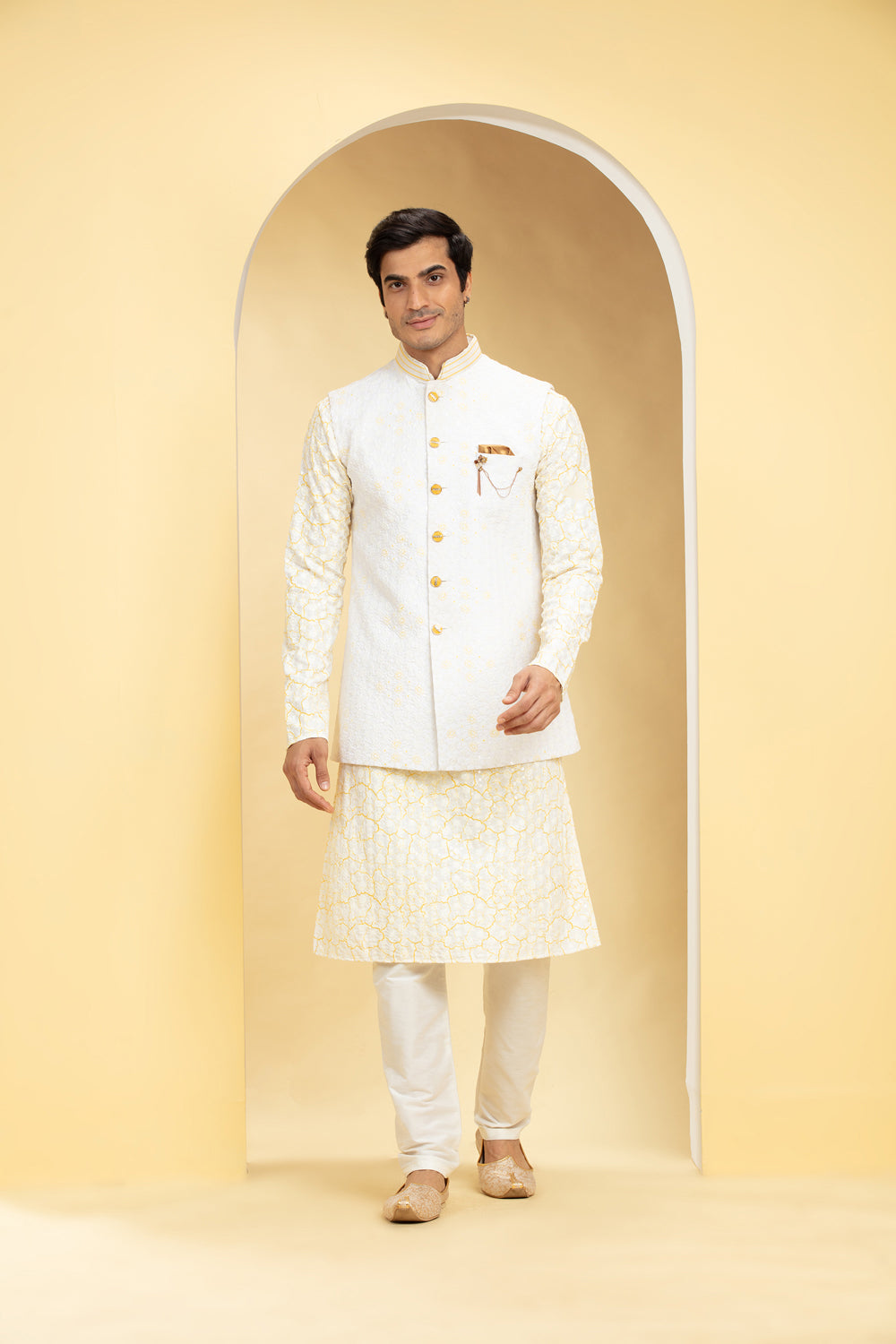 Pearl White And Pastel Yellow Lucknowi Kurta Jacket Set Jacket Set Set With Embellishments - Auraya Fashion - Riyaasat Men - #tag1# - #tag2# - #tag3# - #tag3#