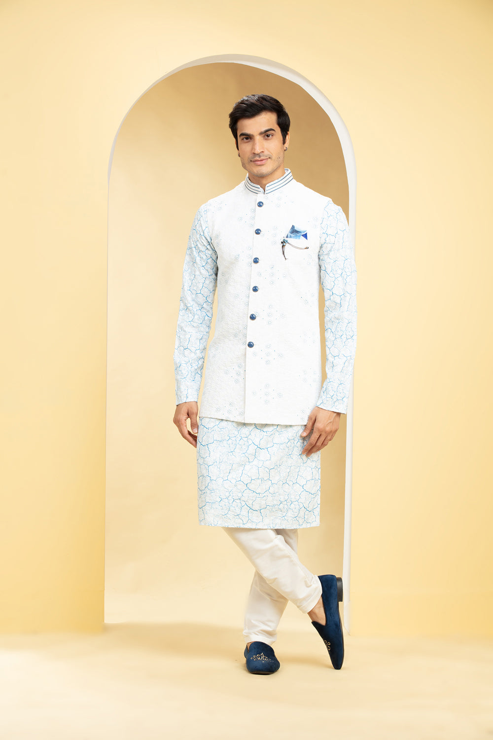 Ice Blue Blue Lucknowi Kurta Jacket Set Jacket Set Set With Embellishments - Auraya Fashion - Riyaasat Men - #tag1# - #tag2# - #tag3# - #tag3#