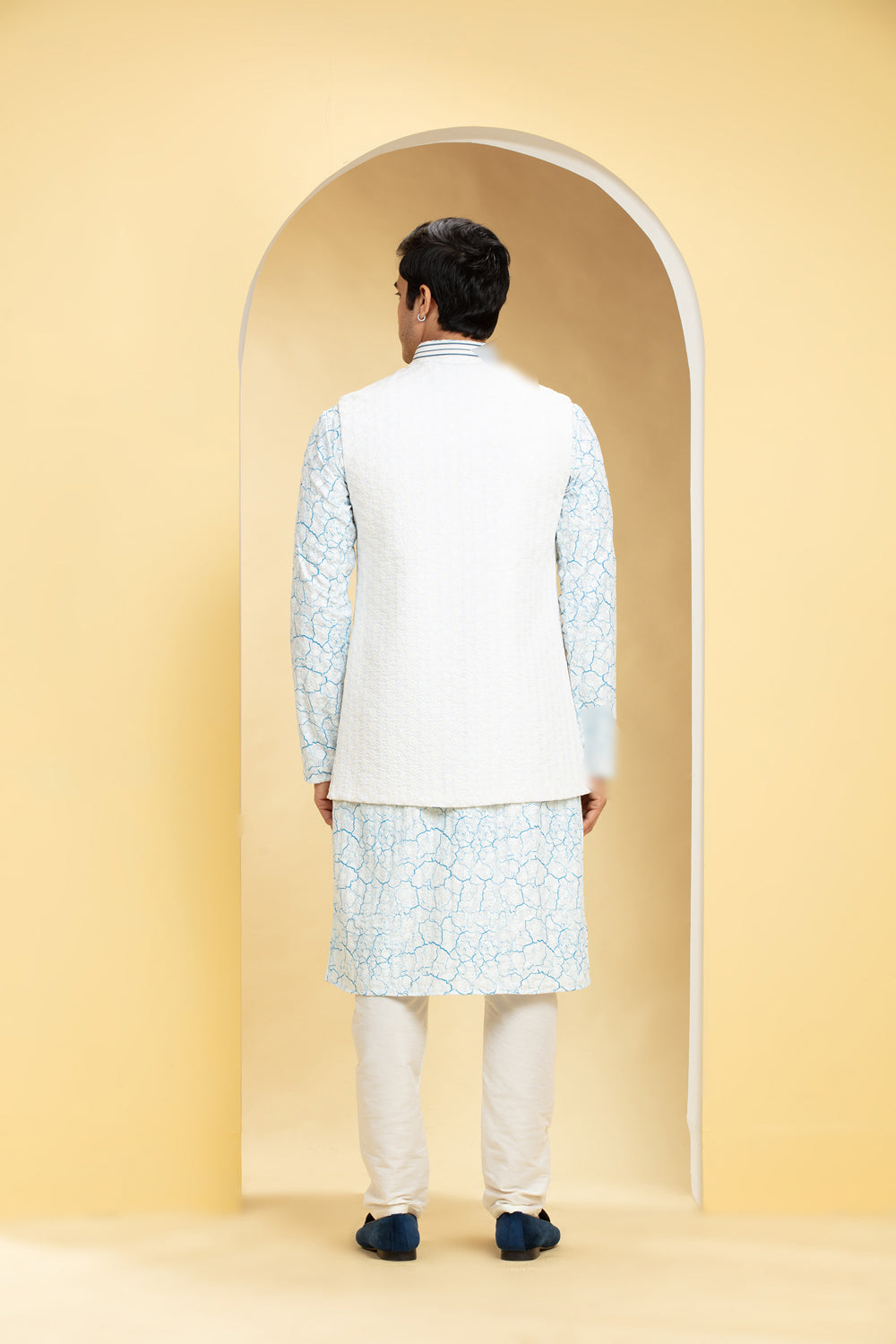 Ice Blue Blue Lucknowi Kurta Jacket Set Jacket Set Set With Embellishments - Auraya Fashion -  - #tag1# - #tag2# - #tag3# - #tag3#