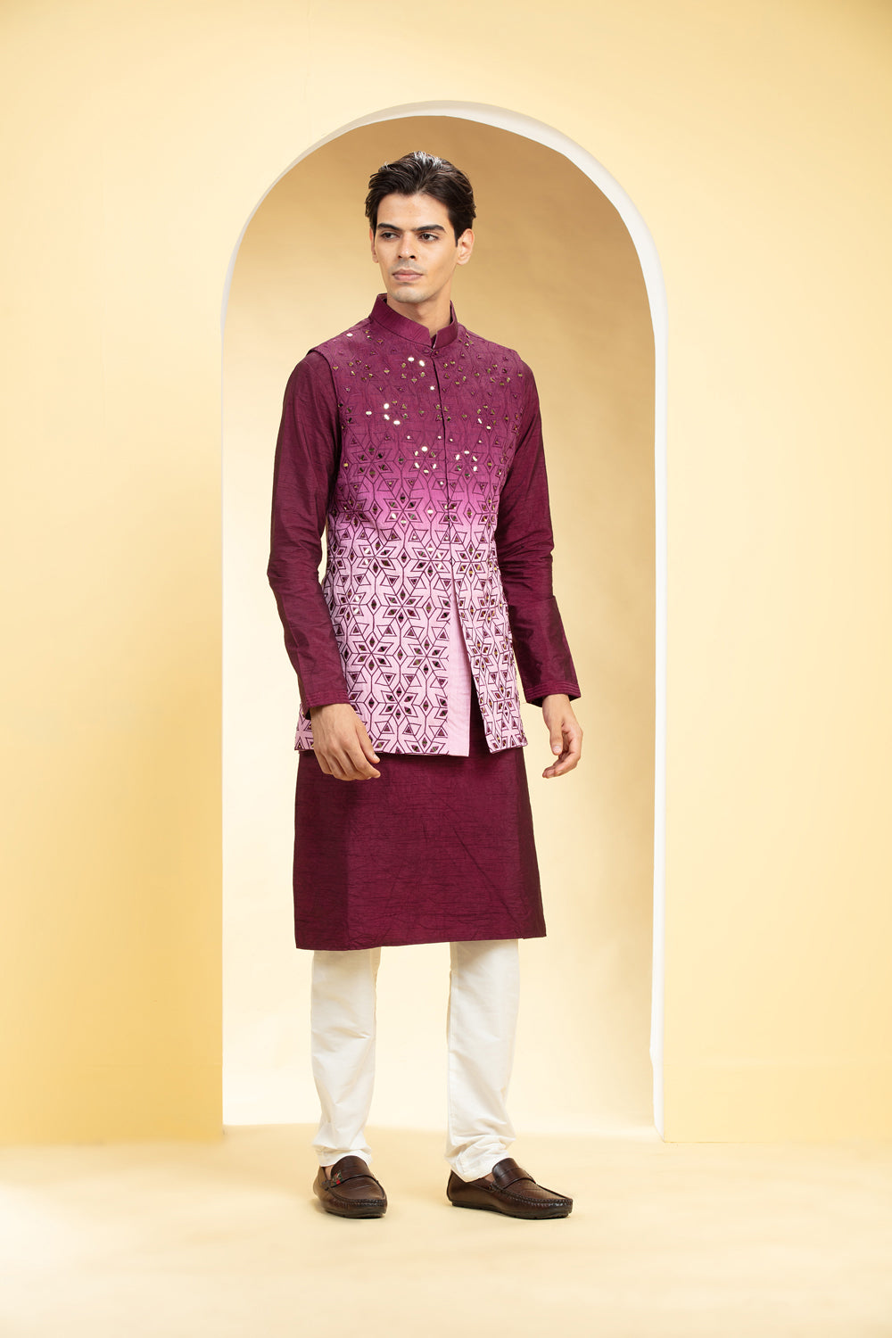 Wine Red Ombre Kurta Jacket Set Kurta Set With Mirror Placement