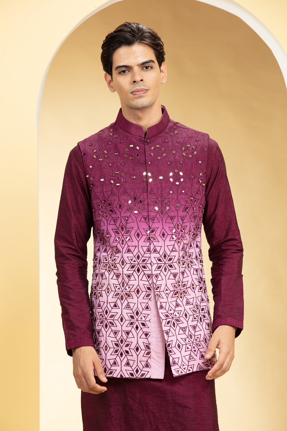 Wine Red Ombre Kurta Jacket Set Kurta Set With Mirror Placement