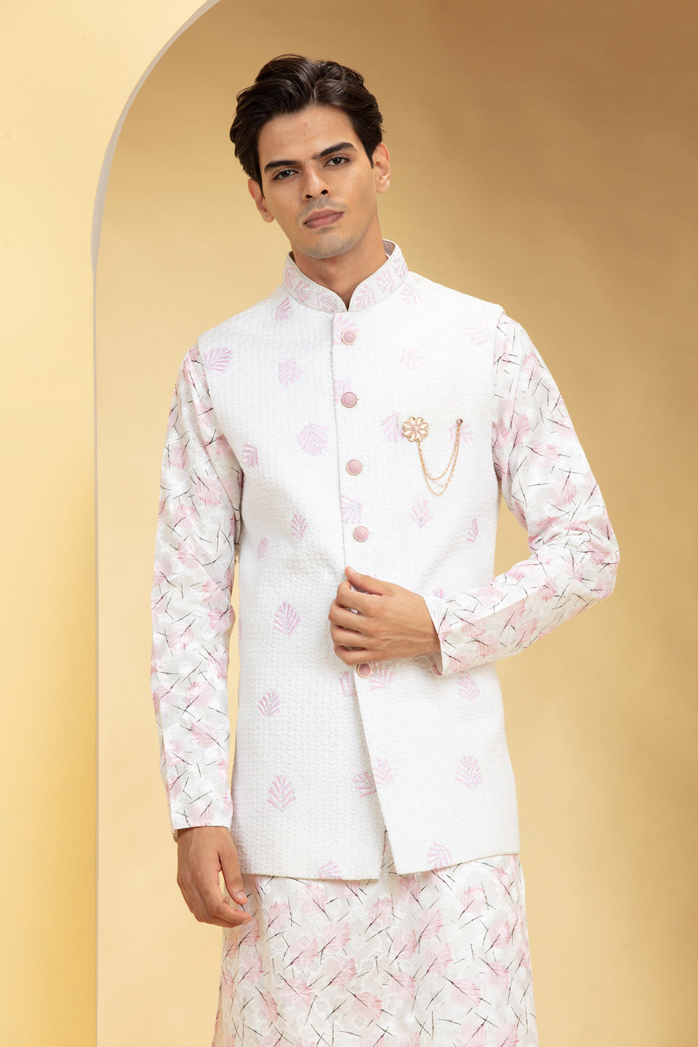 Powder White Lucknowi Kurta Jacket Set Jacket Set Set With Embellishments - Auraya Fashion - Riyaasat Men - #tag1# - #tag2# - #tag3# - #tag3#