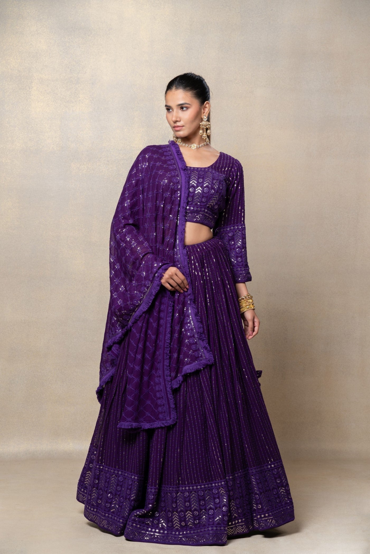 Indigo purple sequinned georgette silk lehenga set