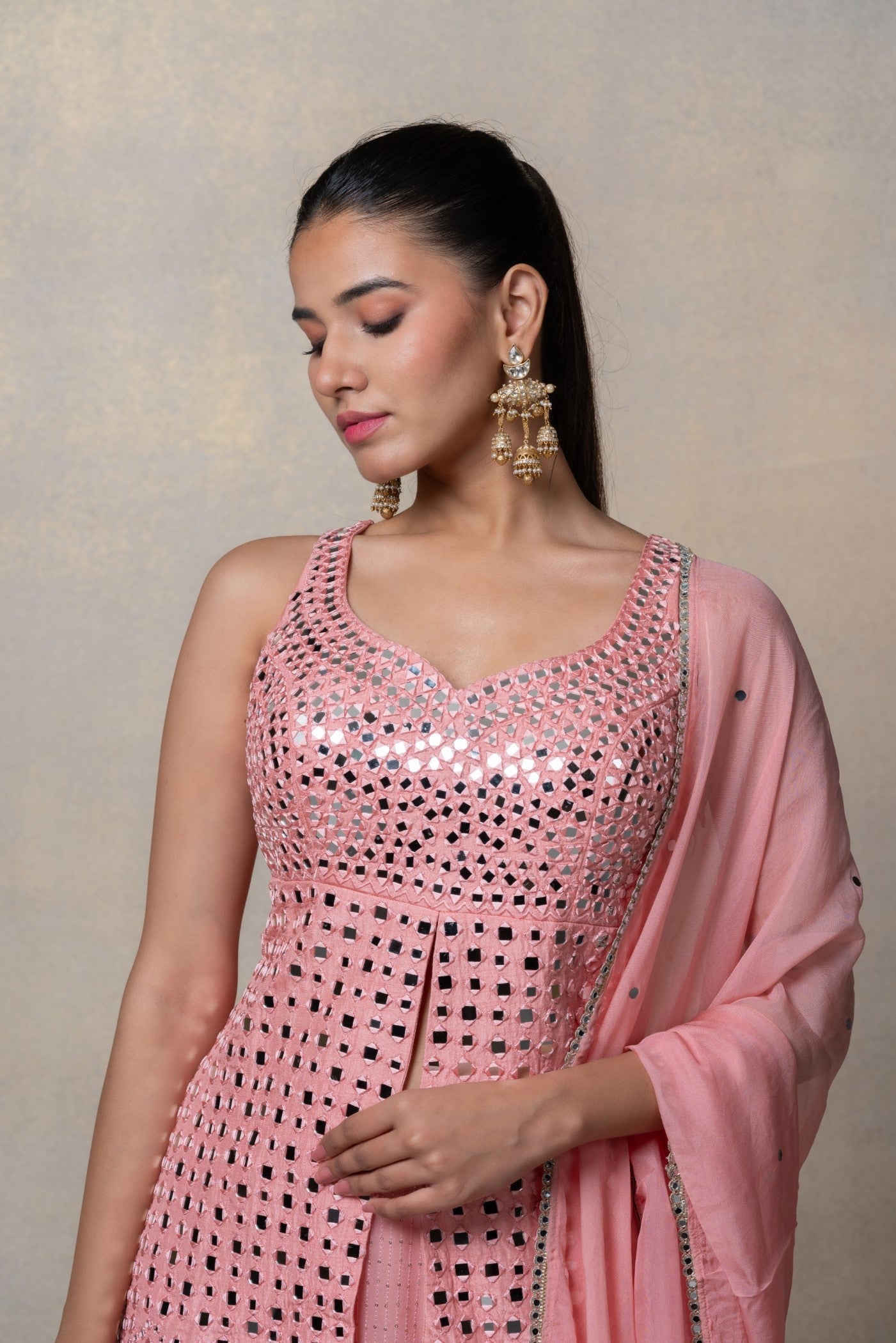 Baby pink mirror embellished soft silk indo-western set