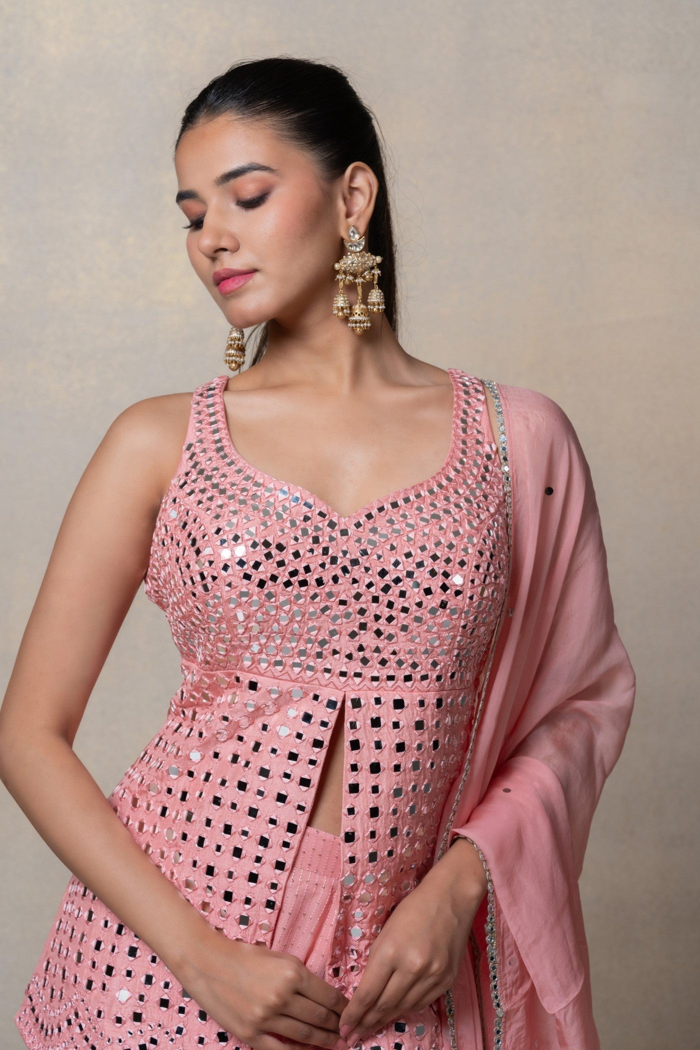 Baby pink mirror embellished soft silk indo-western set