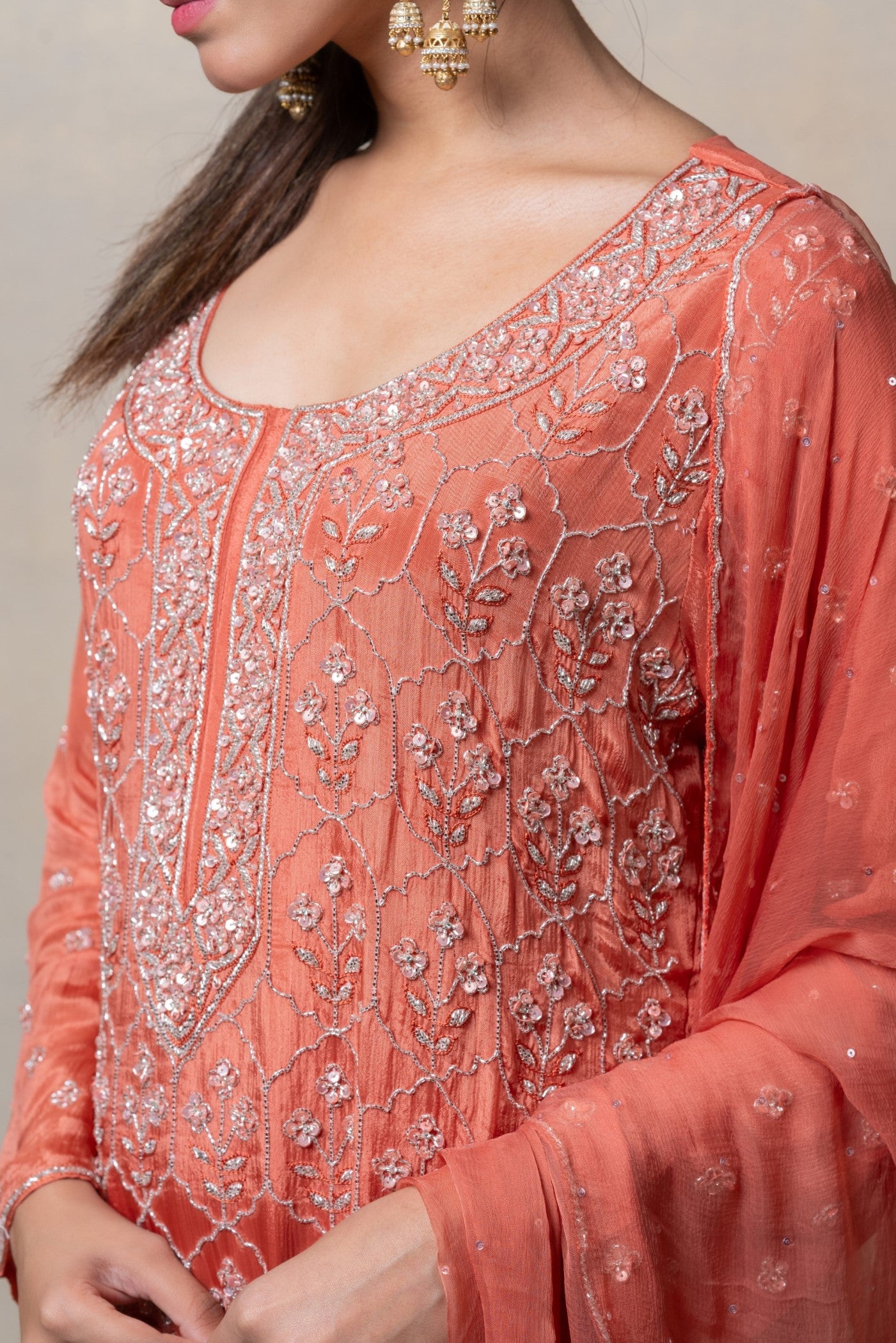 Brick red sequinned soft silk suit set