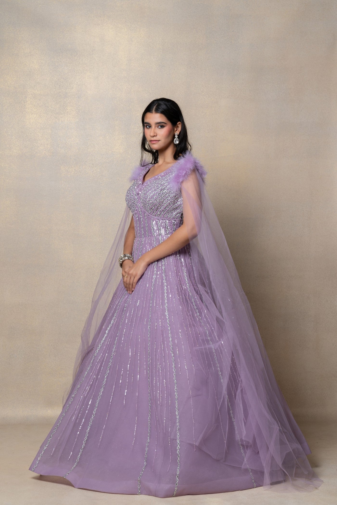 Bright lilac sequinned net gown