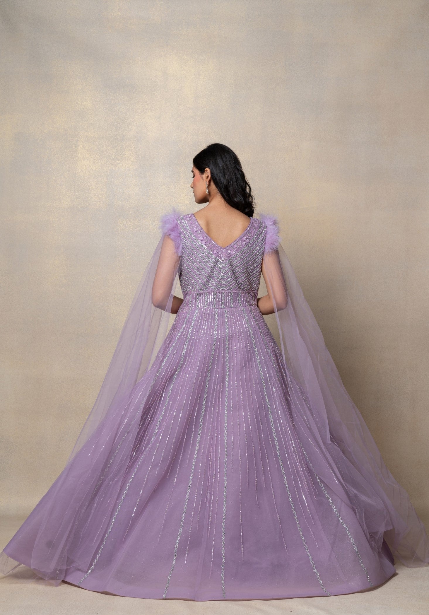 Bright lilac sequinned net gown