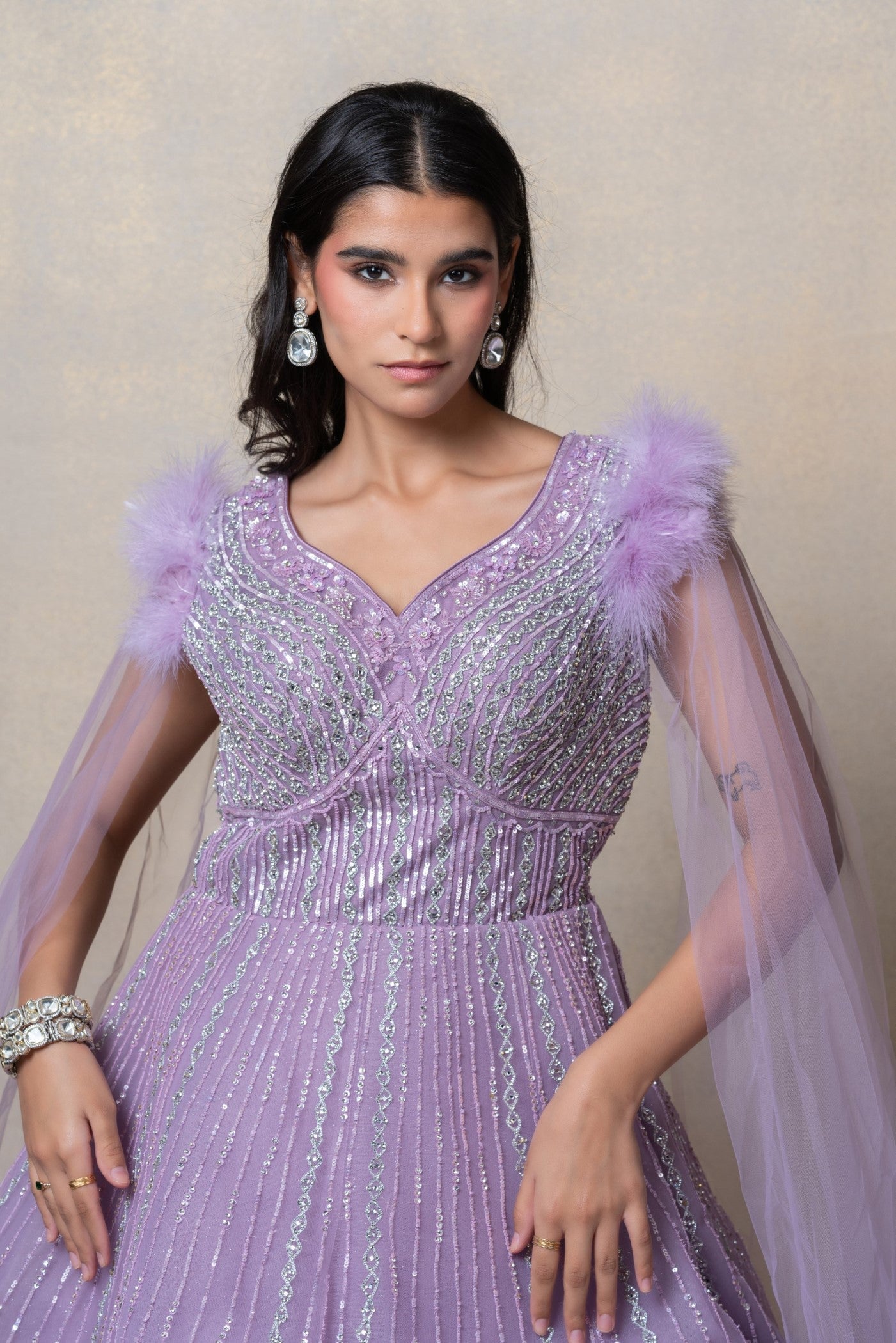 Bright lilac sequinned net gown