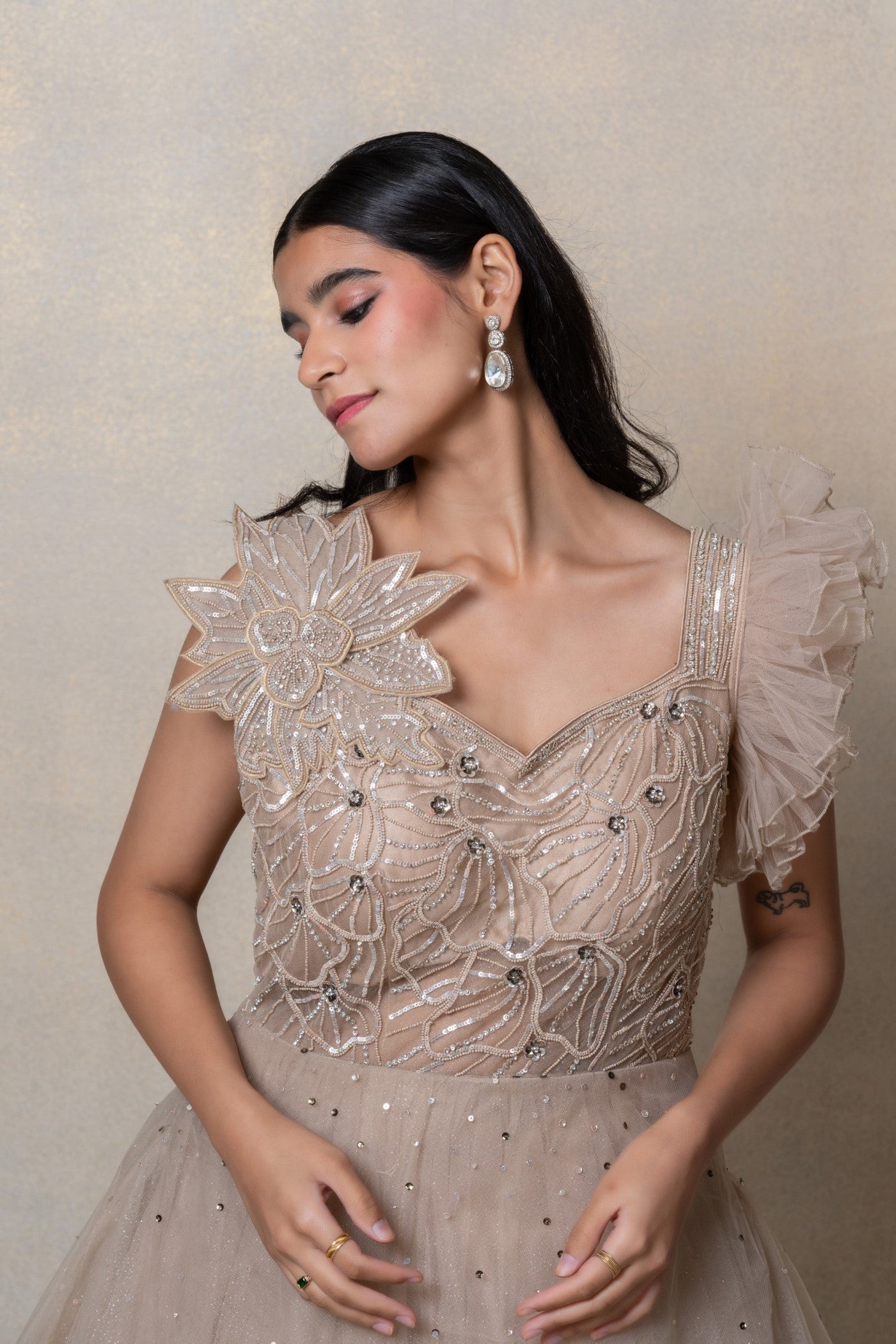 Tortilla brown sequinned net gown