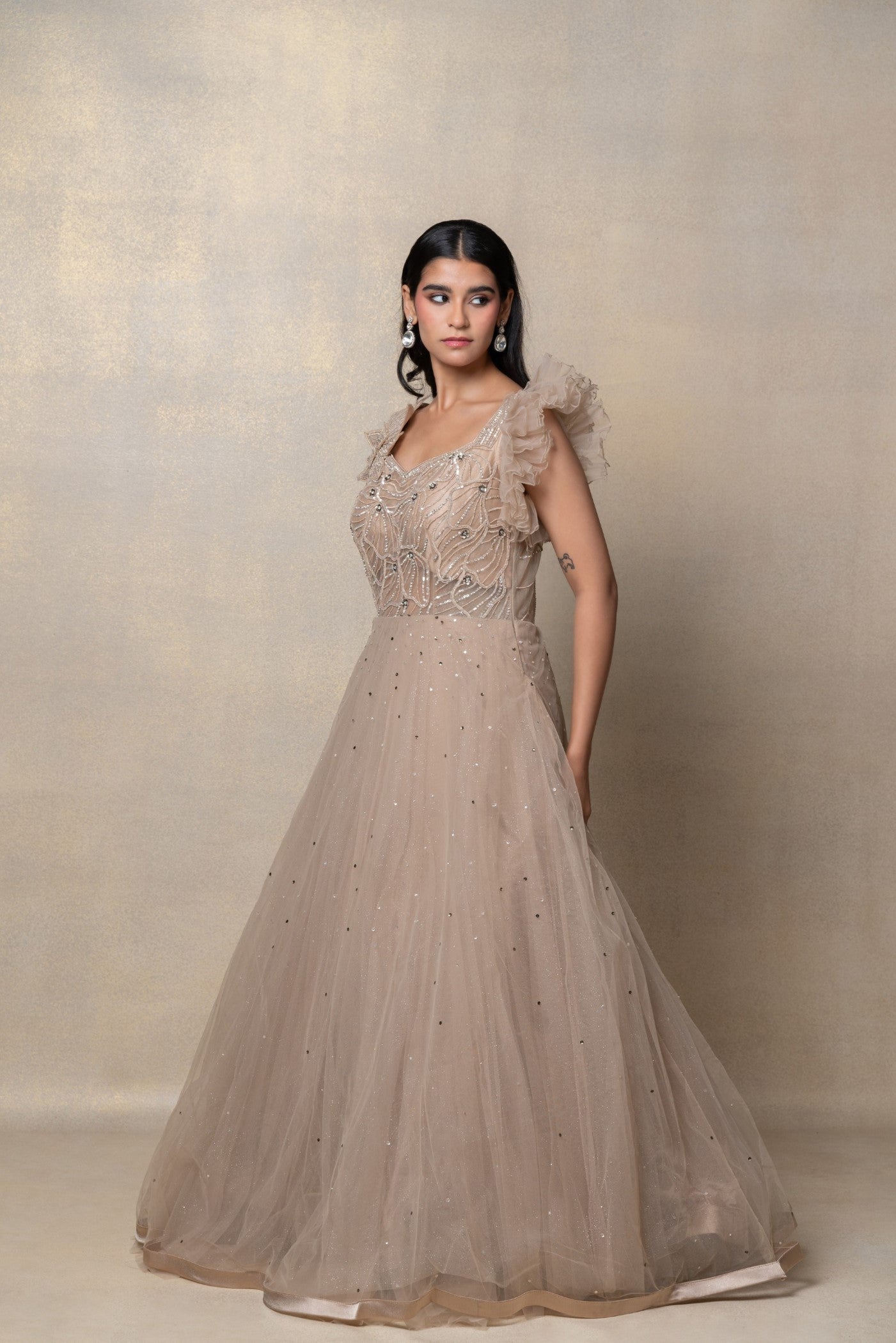 Tortilla brown sequinned net gown