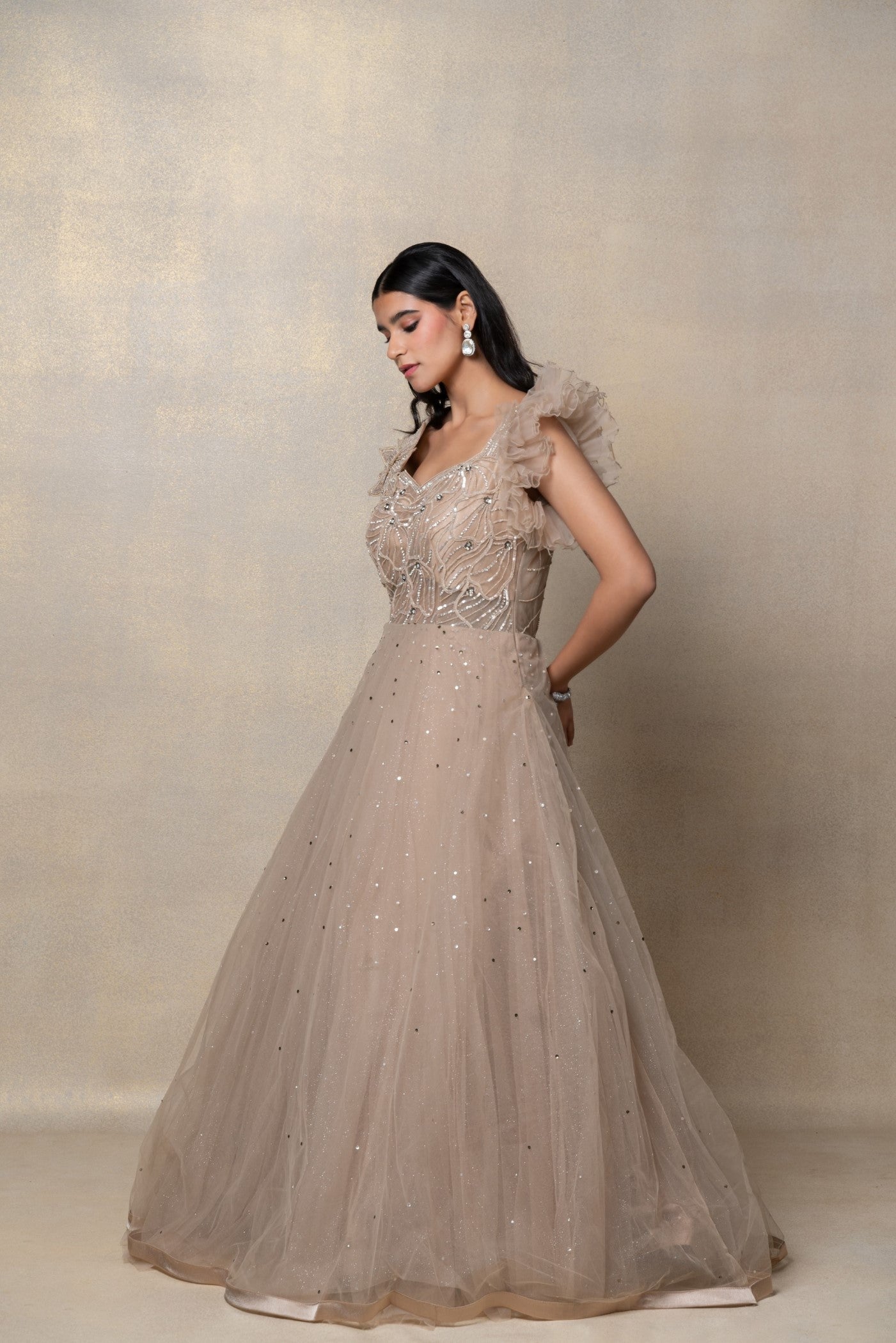 Tortilla brown sequinned net gown