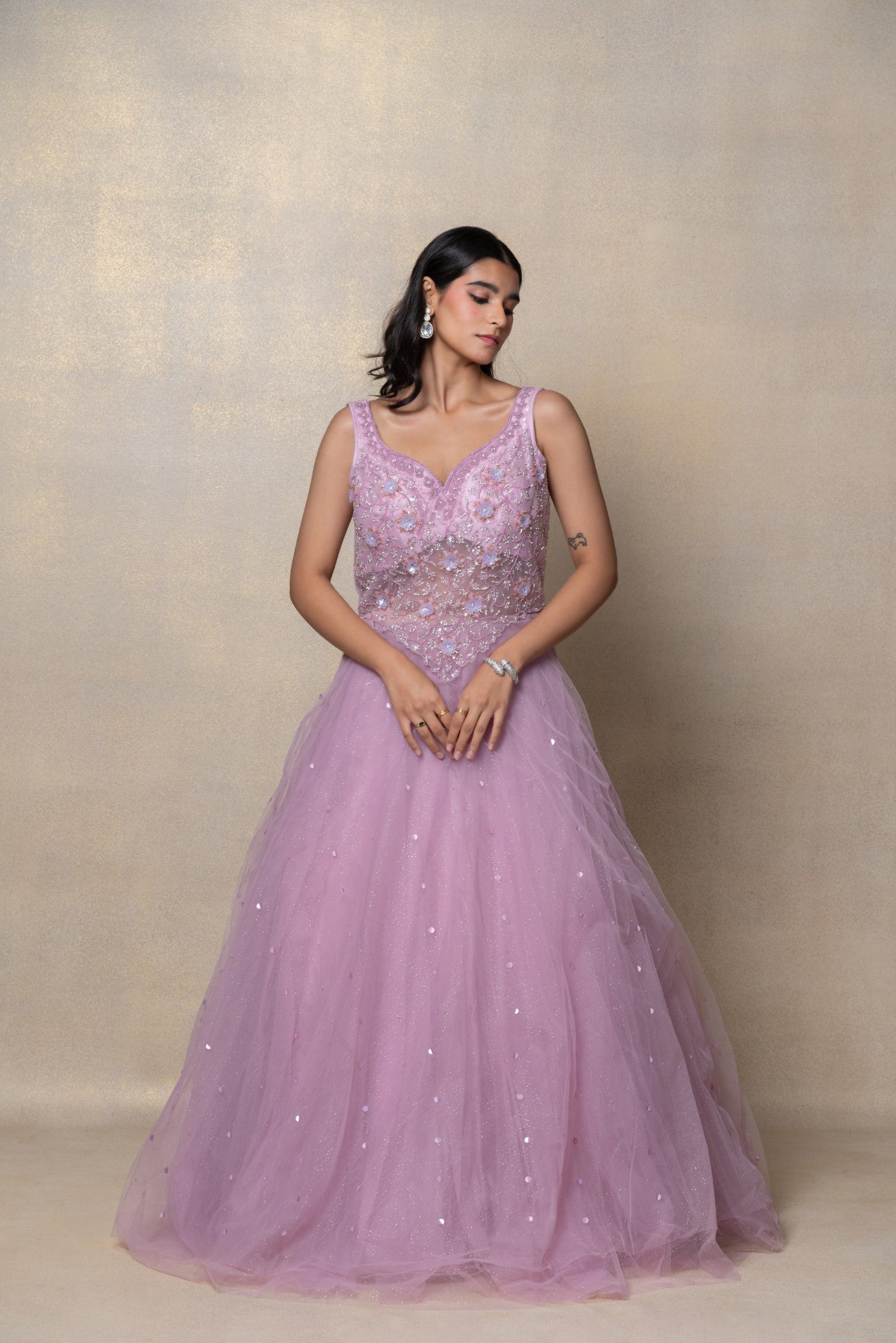 Bright lilac sequinned net gown