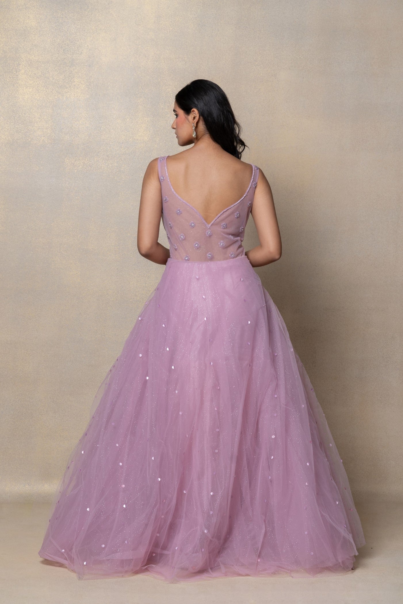 Bright lilac sequinned net gown