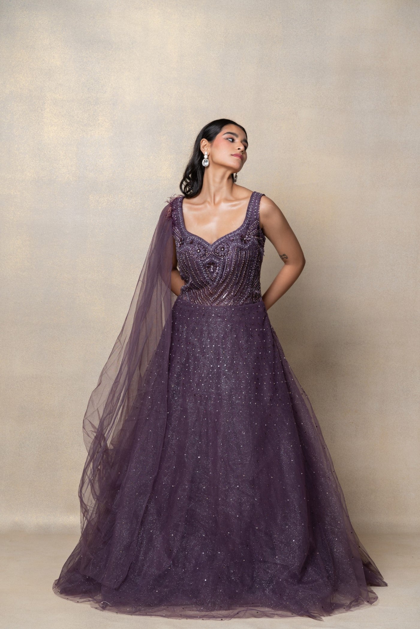 Violet purple sequinned net gown