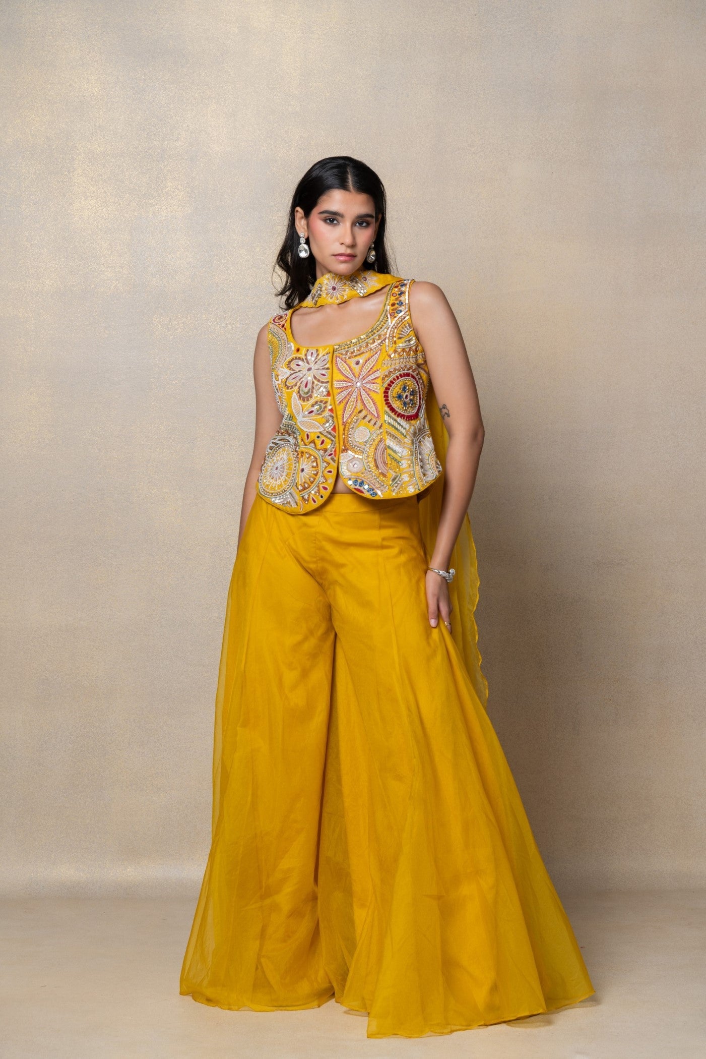 Turmeric yellow organza indo-western set