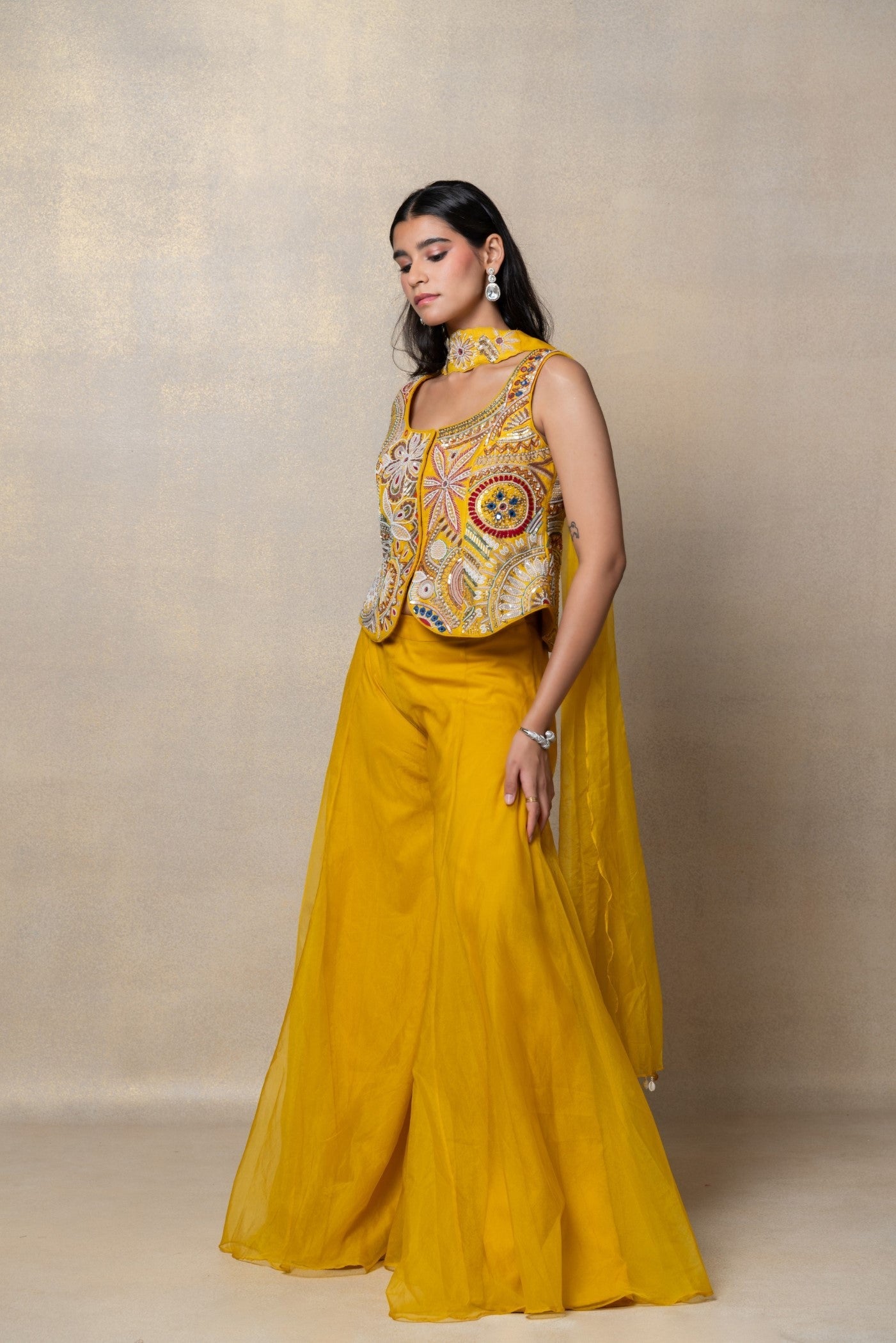 Turmeric yellow organza indo-western set