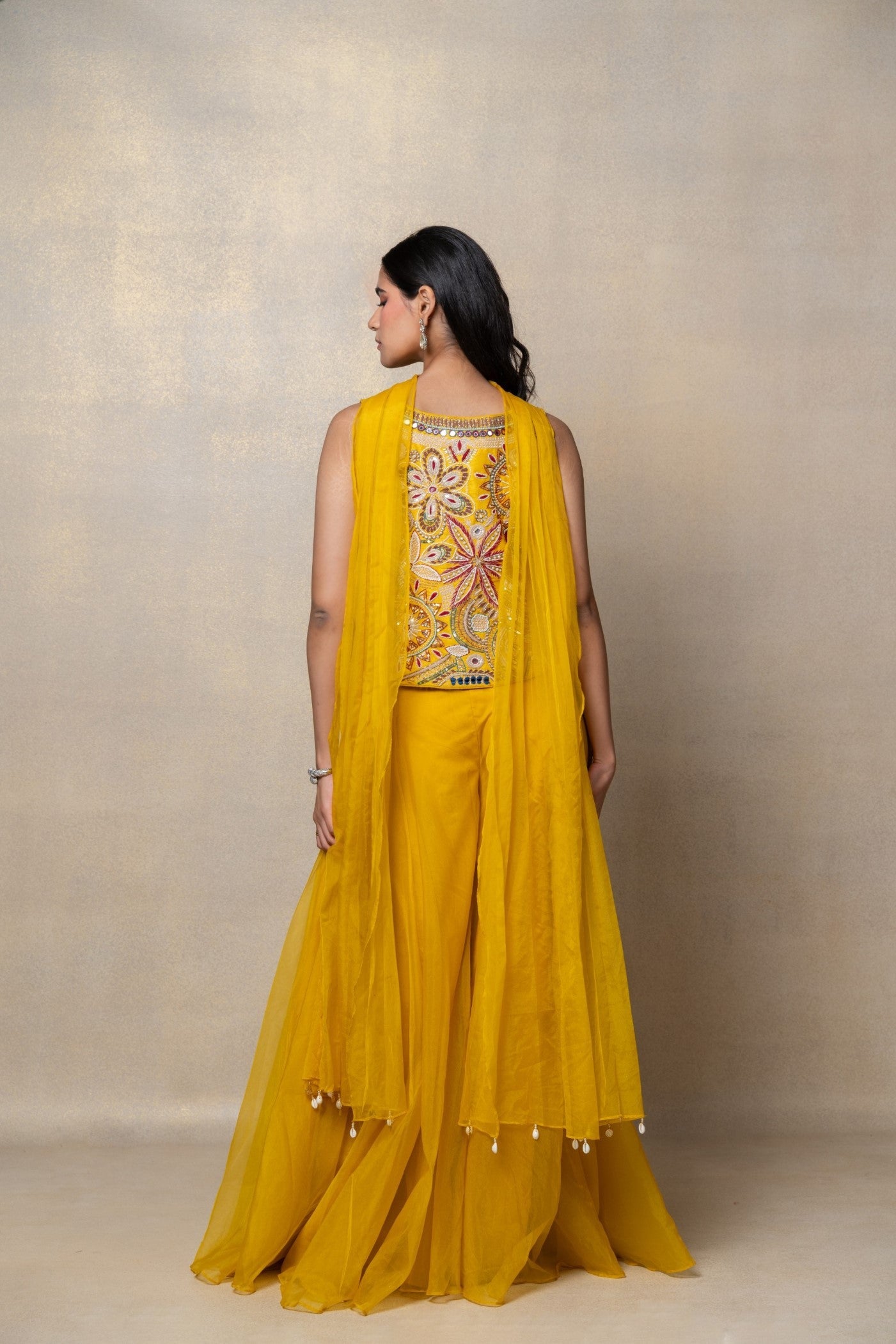 Turmeric yellow organza indo-western set