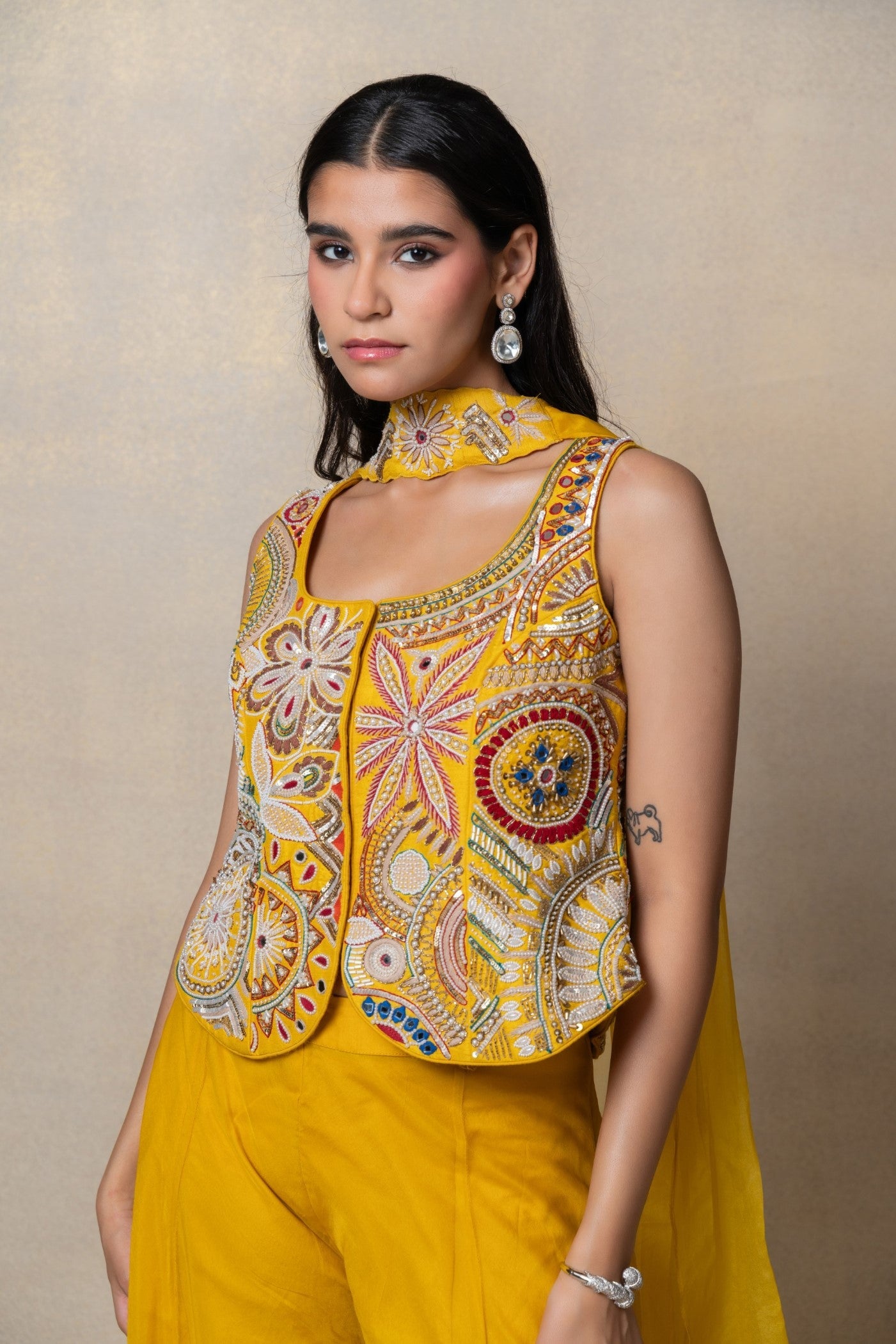 Turmeric yellow organza indo-western set