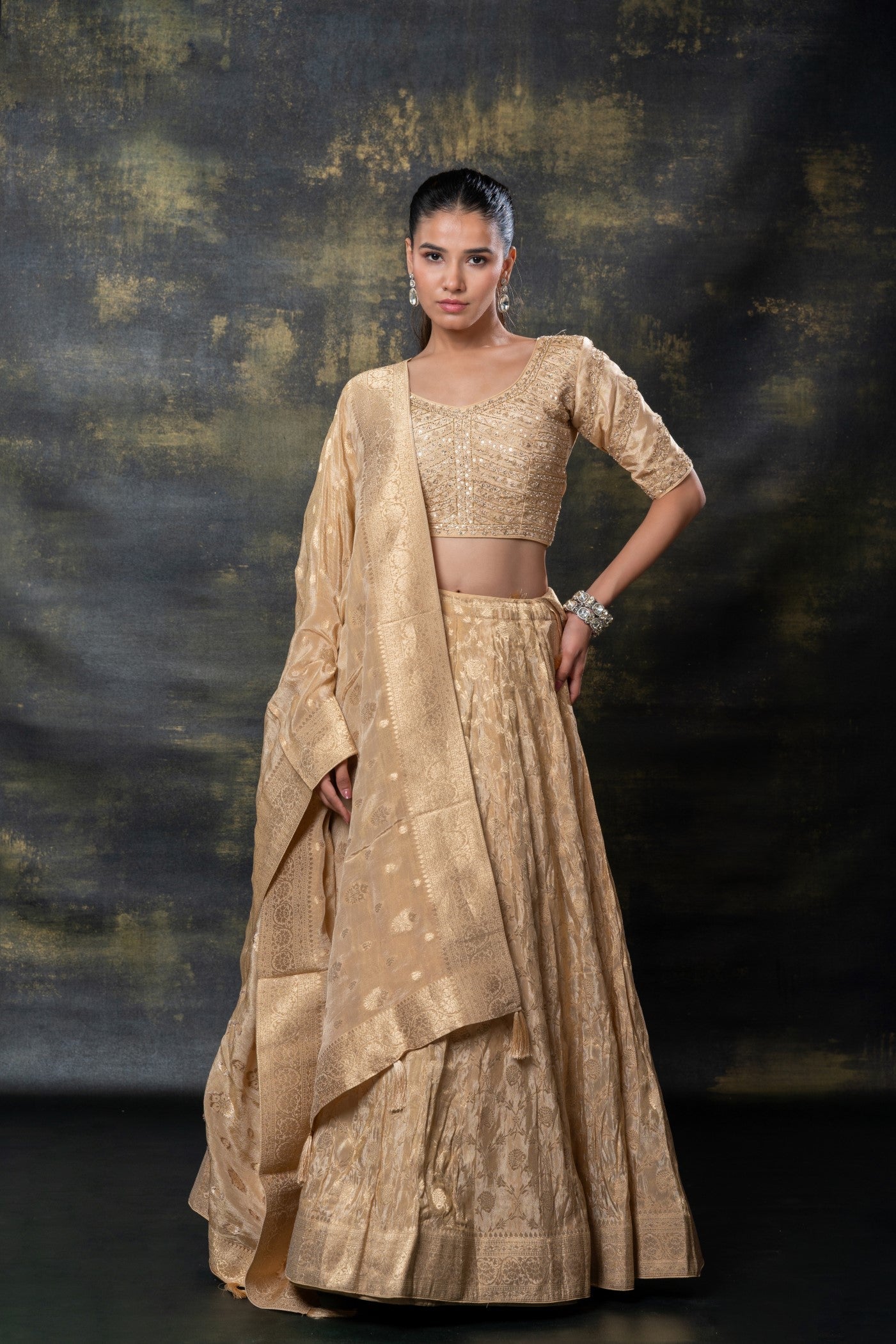 Golden banarasi soft silk lehenga set