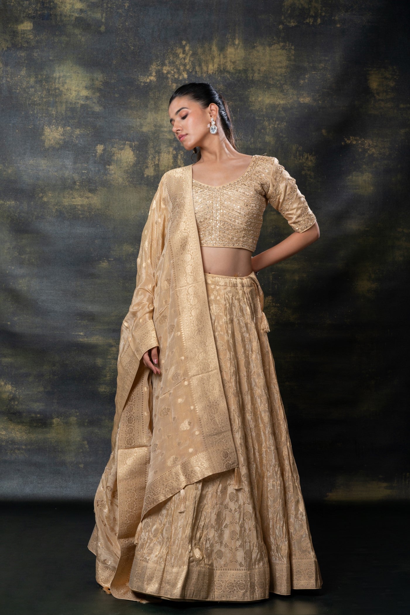 Golden banarasi soft silk lehenga set