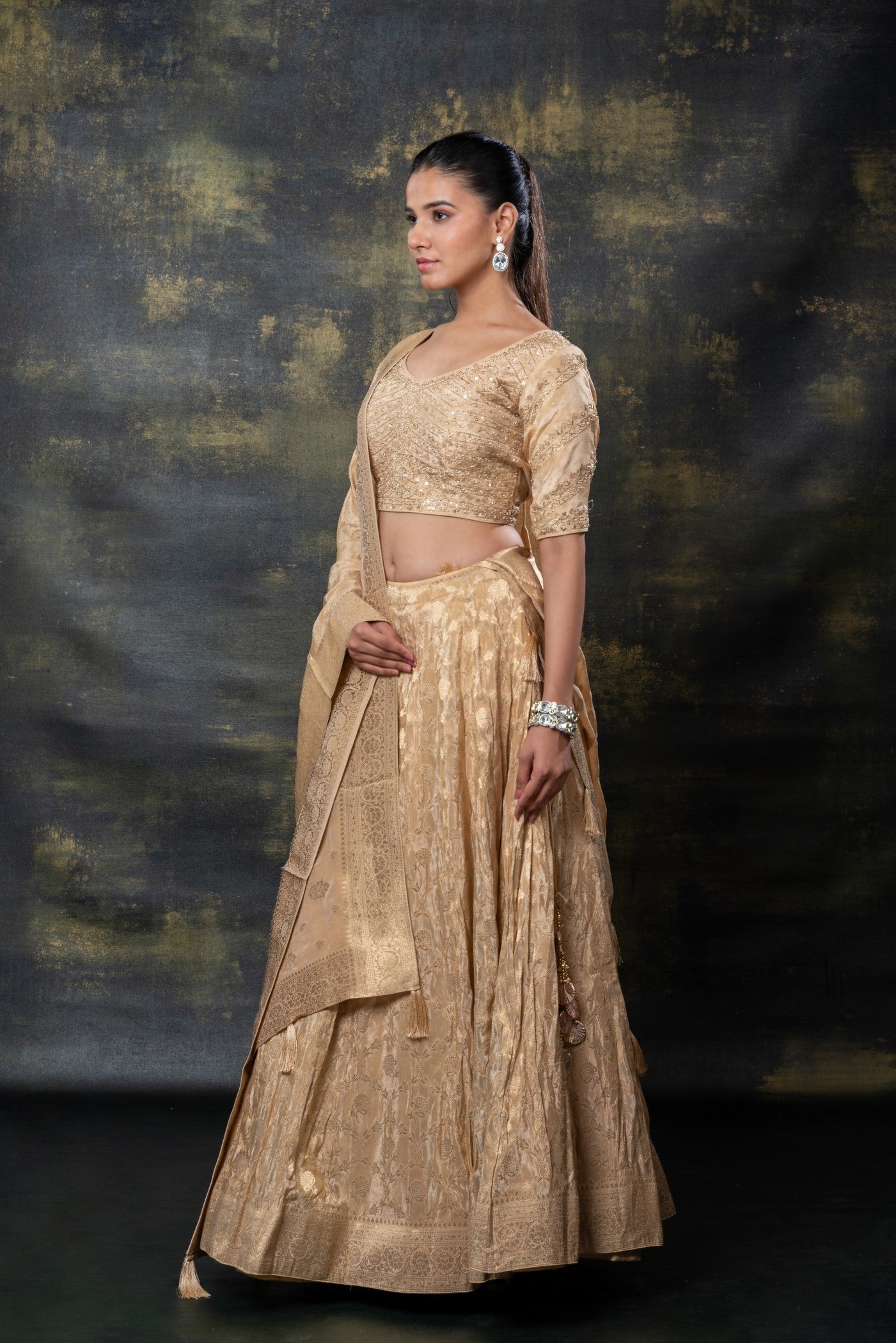 Golden banarasi soft silk lehenga set