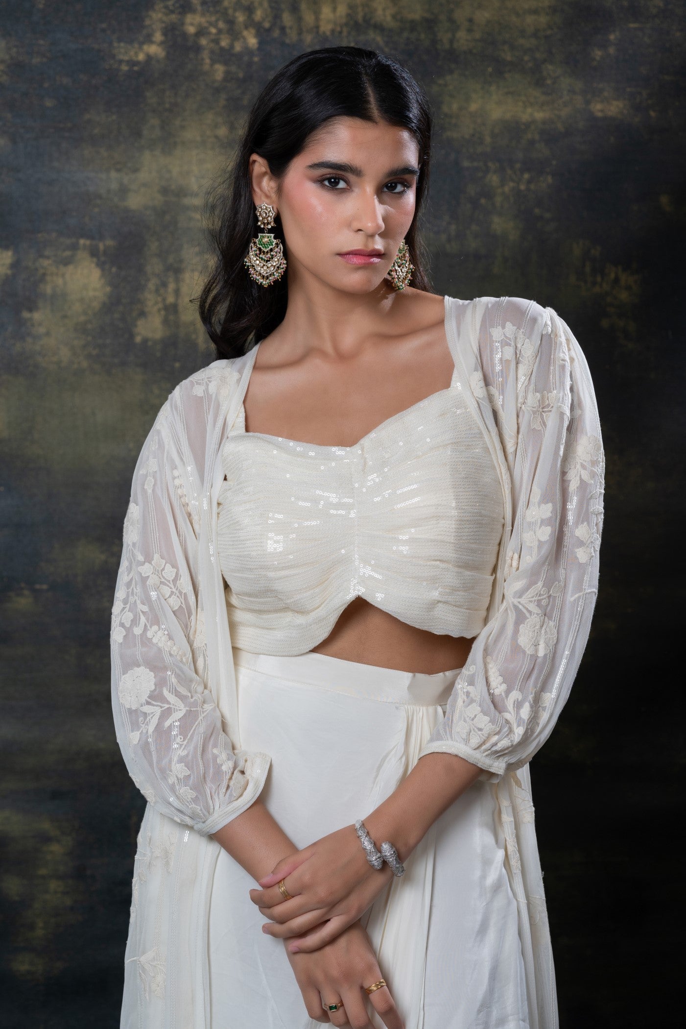 Porcelain white sequins embellished soft silk ino-western set