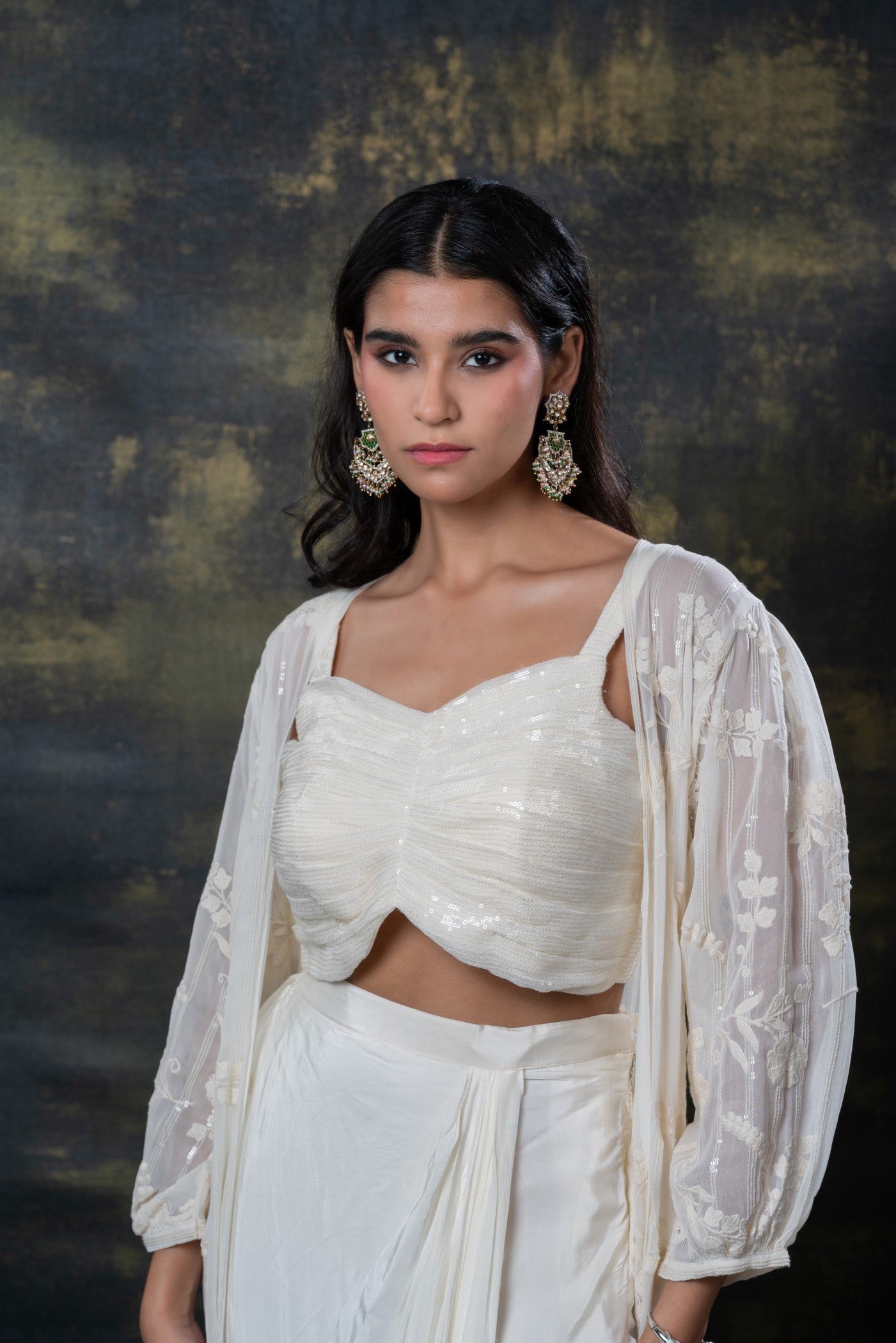 Porcelain white sequins embellished soft silk ino-western set