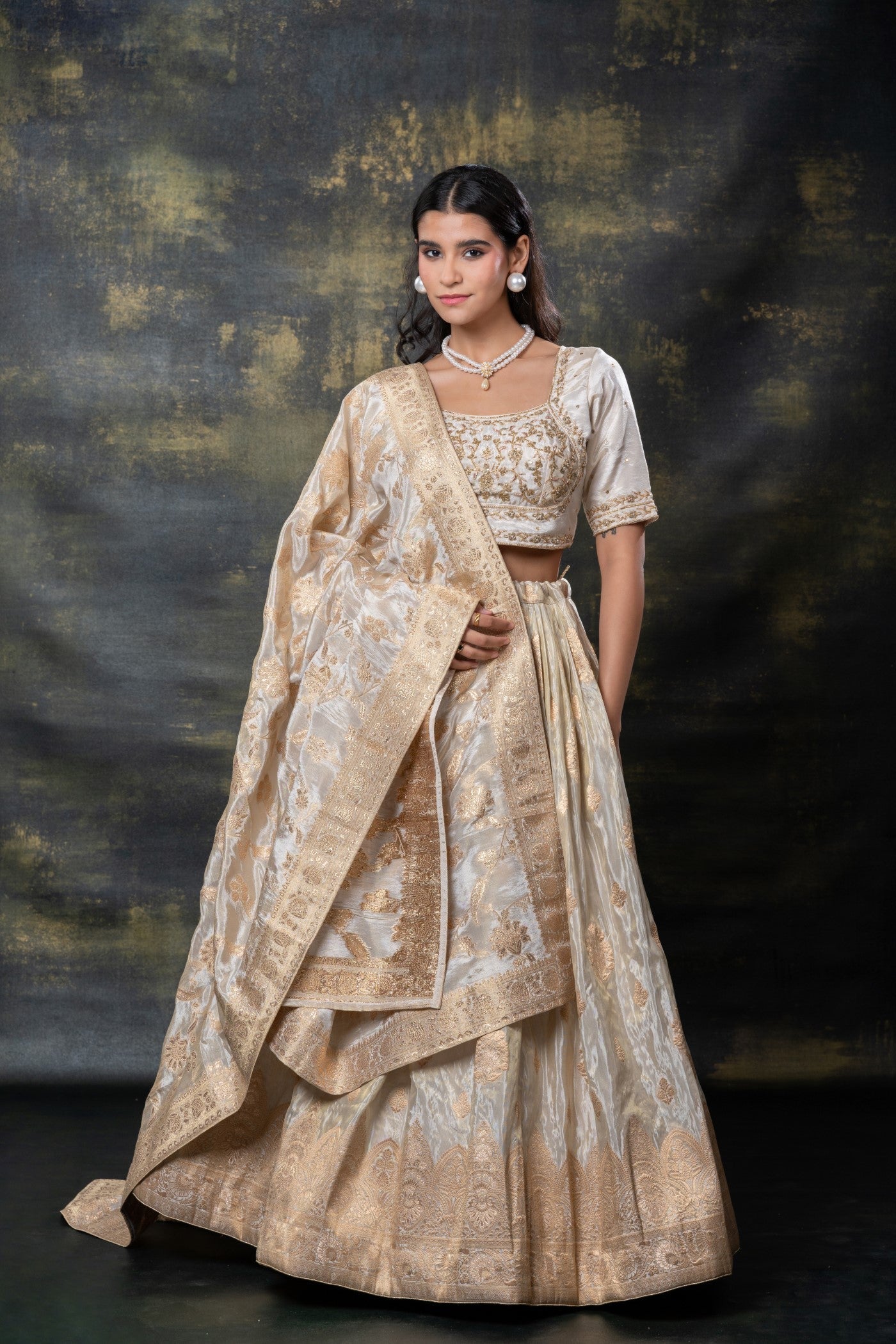 Cream beige banarasi soft silk machine work lehenga set