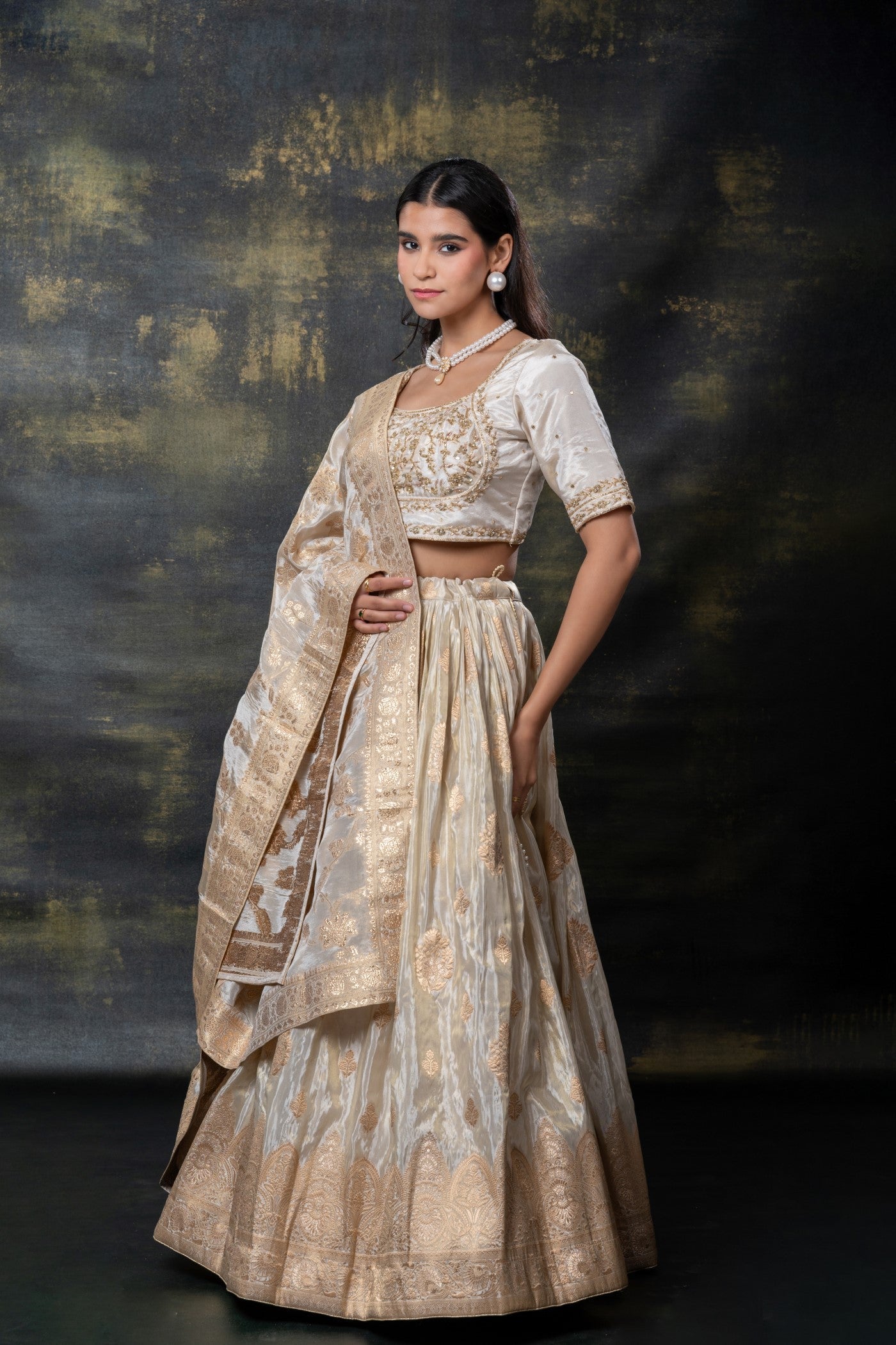 Cream beige banarasi soft silk machine work lehenga set