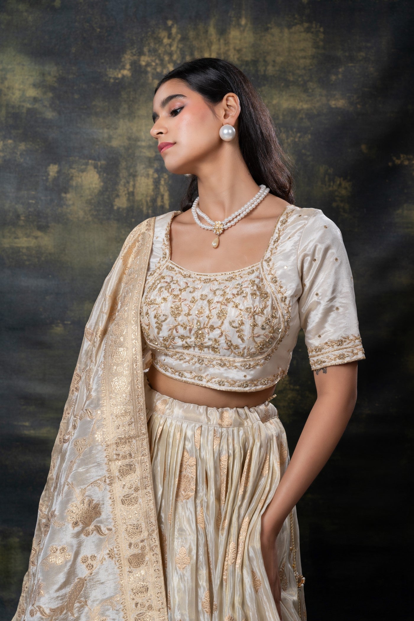 Cream beige banarasi soft silk machine work lehenga set