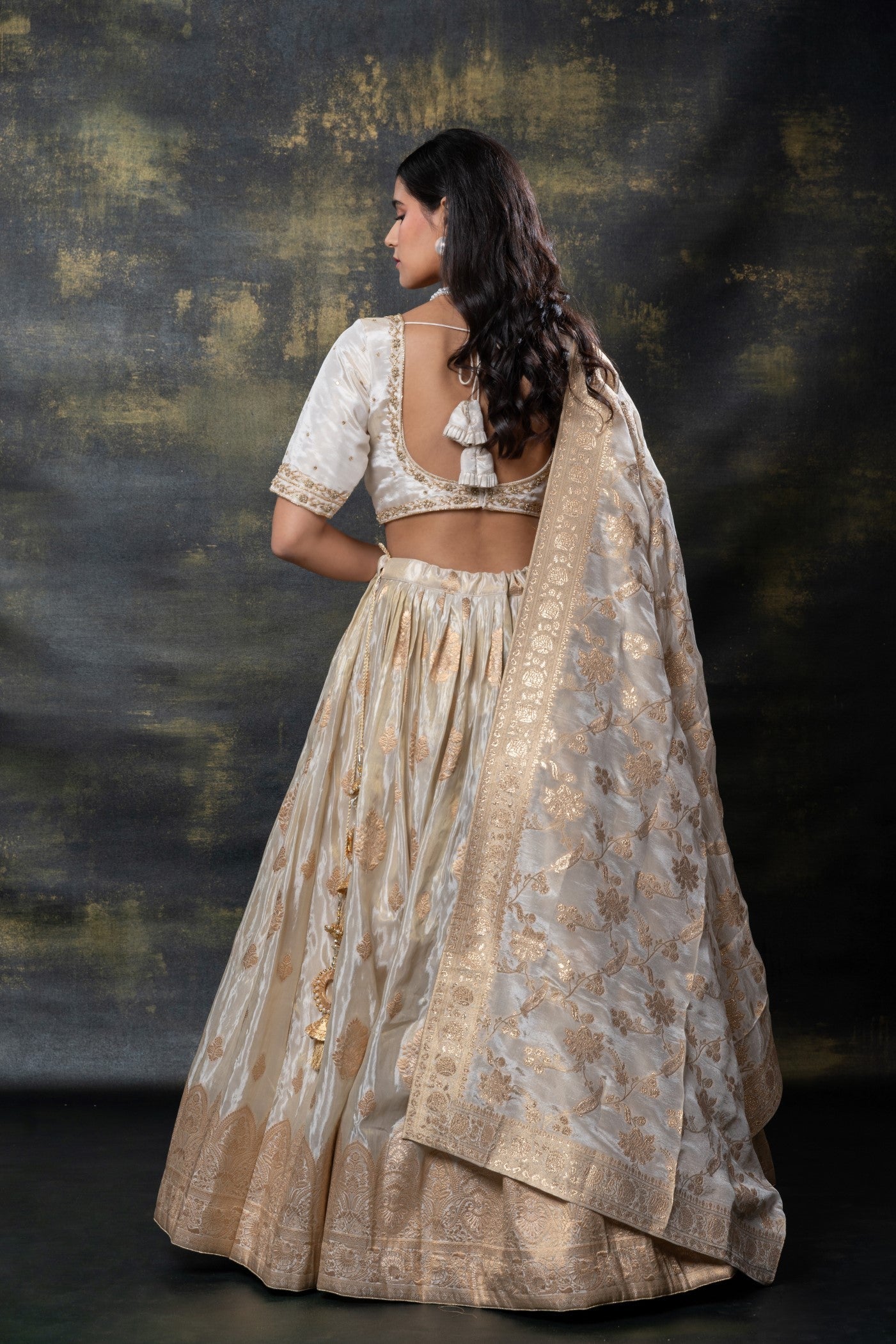 Cream beige banarasi soft silk machine work lehenga set