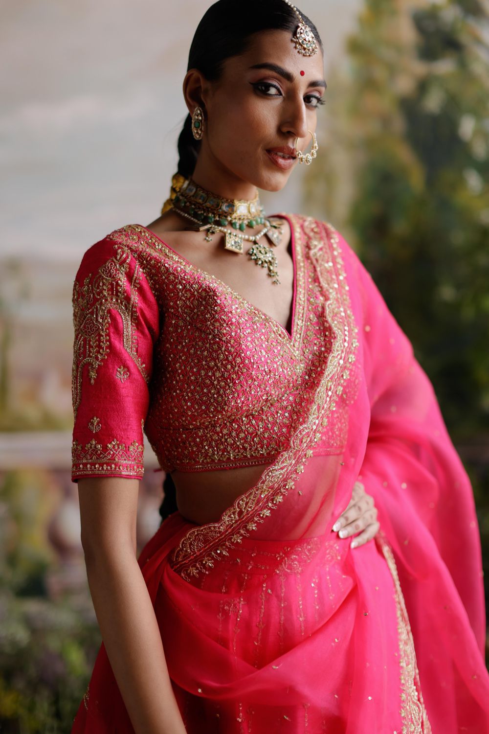 Hot Pink Raw Silk Lehenga Set - Auraya Fashion 