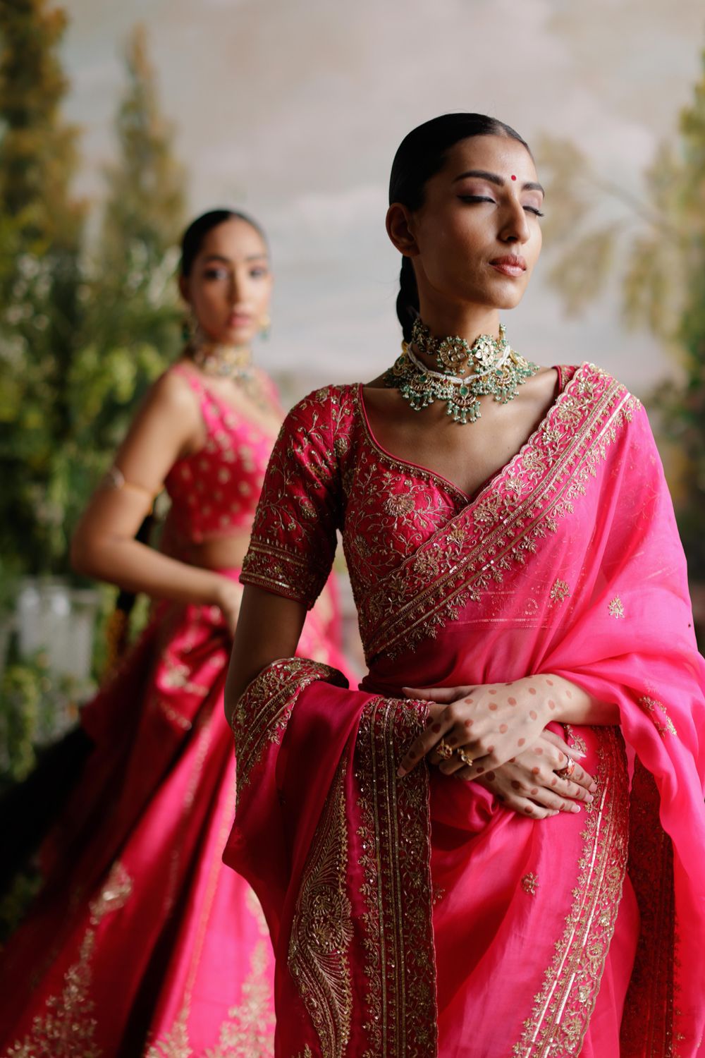 Hot Pink Organza Saree Set - Auraya Fashion 