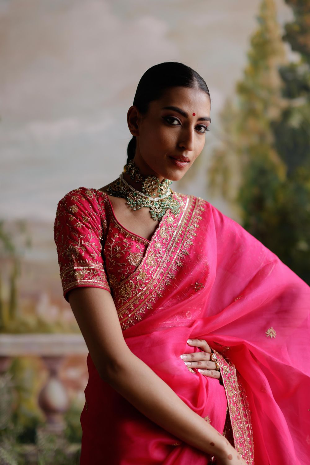 Hot Pink Organza Saree Set - Auraya Fashion 