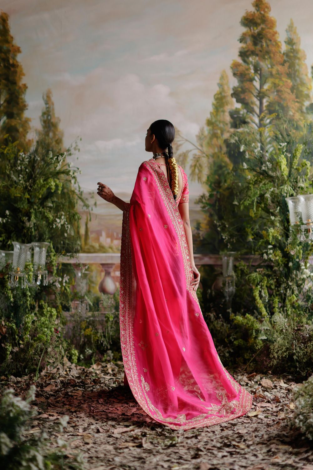 Hot Pink Organza Saree Set - Auraya Fashion 