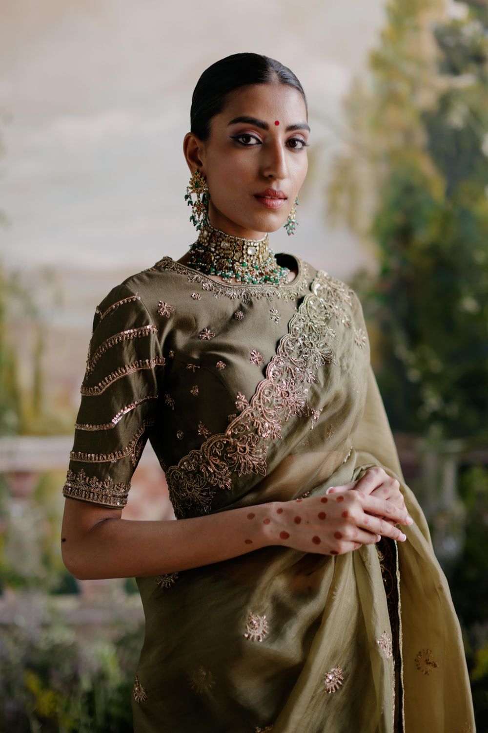 Olive Green Saree Set - Auraya Fashion 