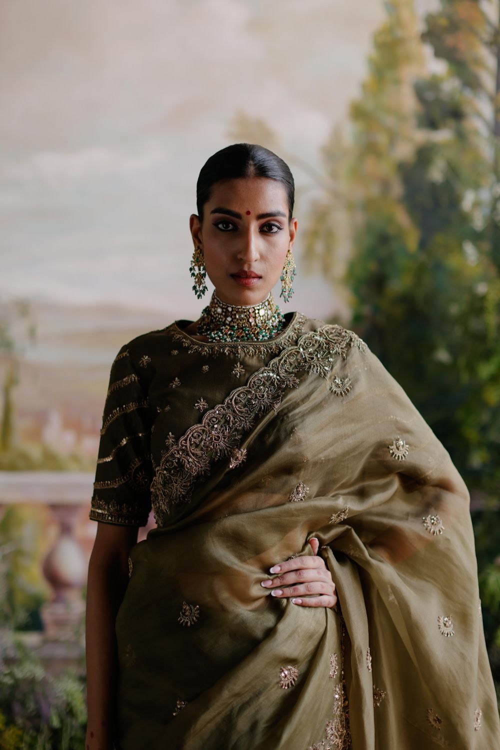 Olive Green Saree Set - Auraya Fashion 