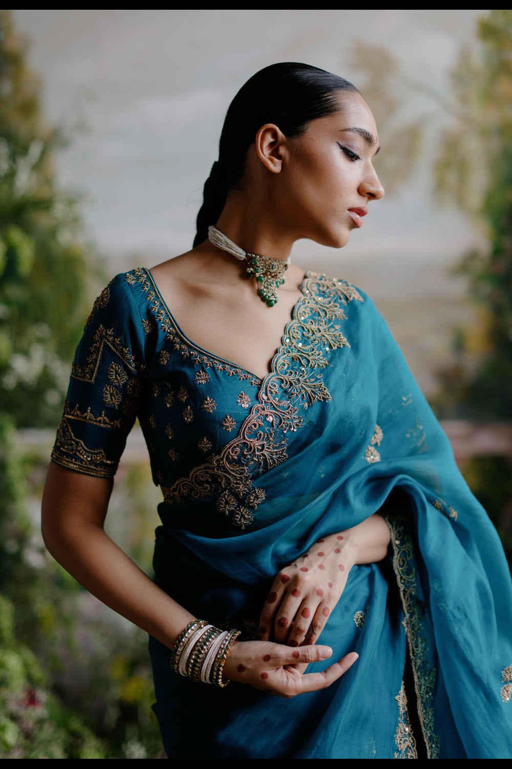Teal Green Organza Saree Set - Auraya Fashion 