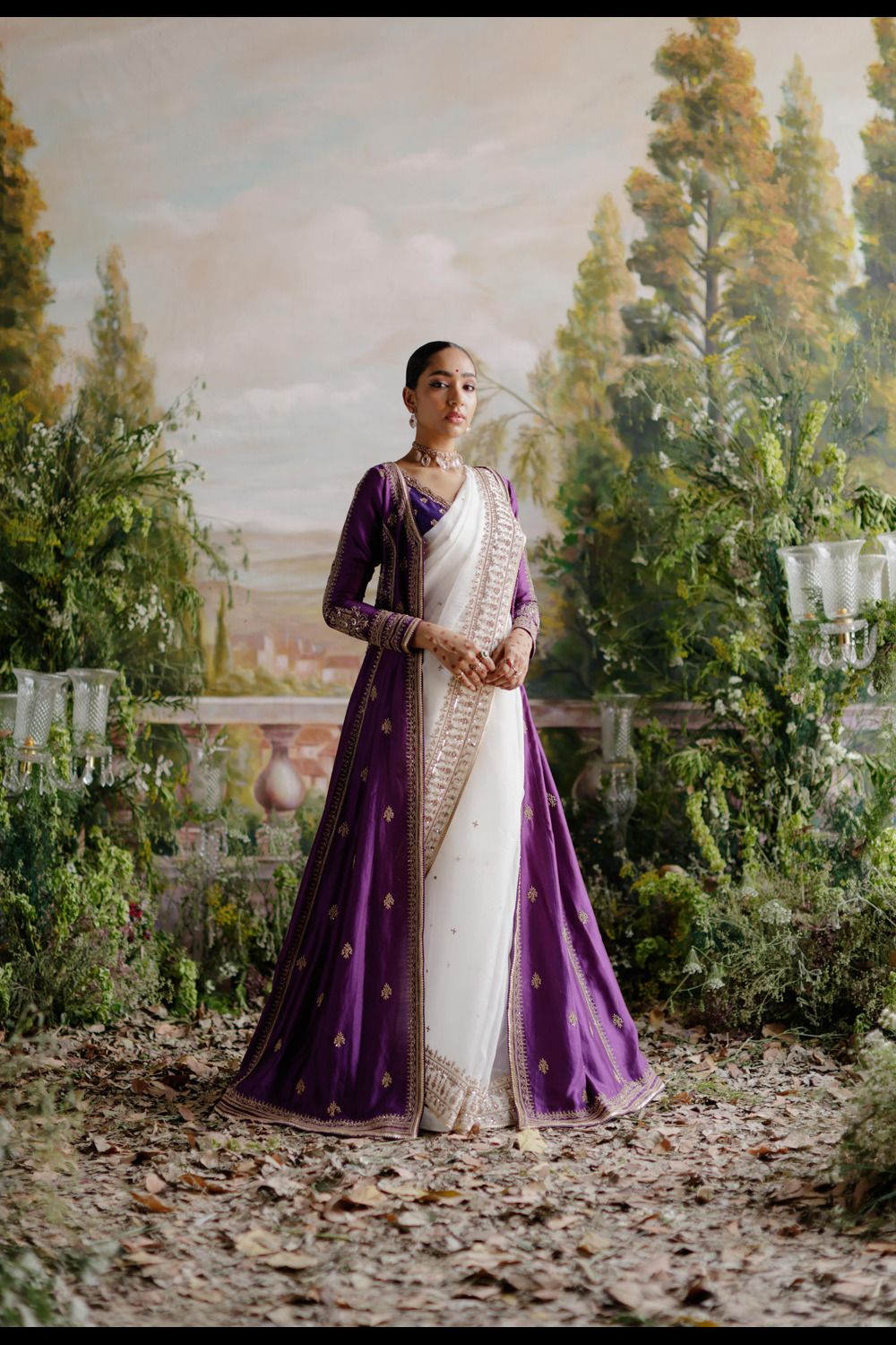 Off White Saree With Purple Jacket Set - Auraya Fashion - Jigar Mali - 