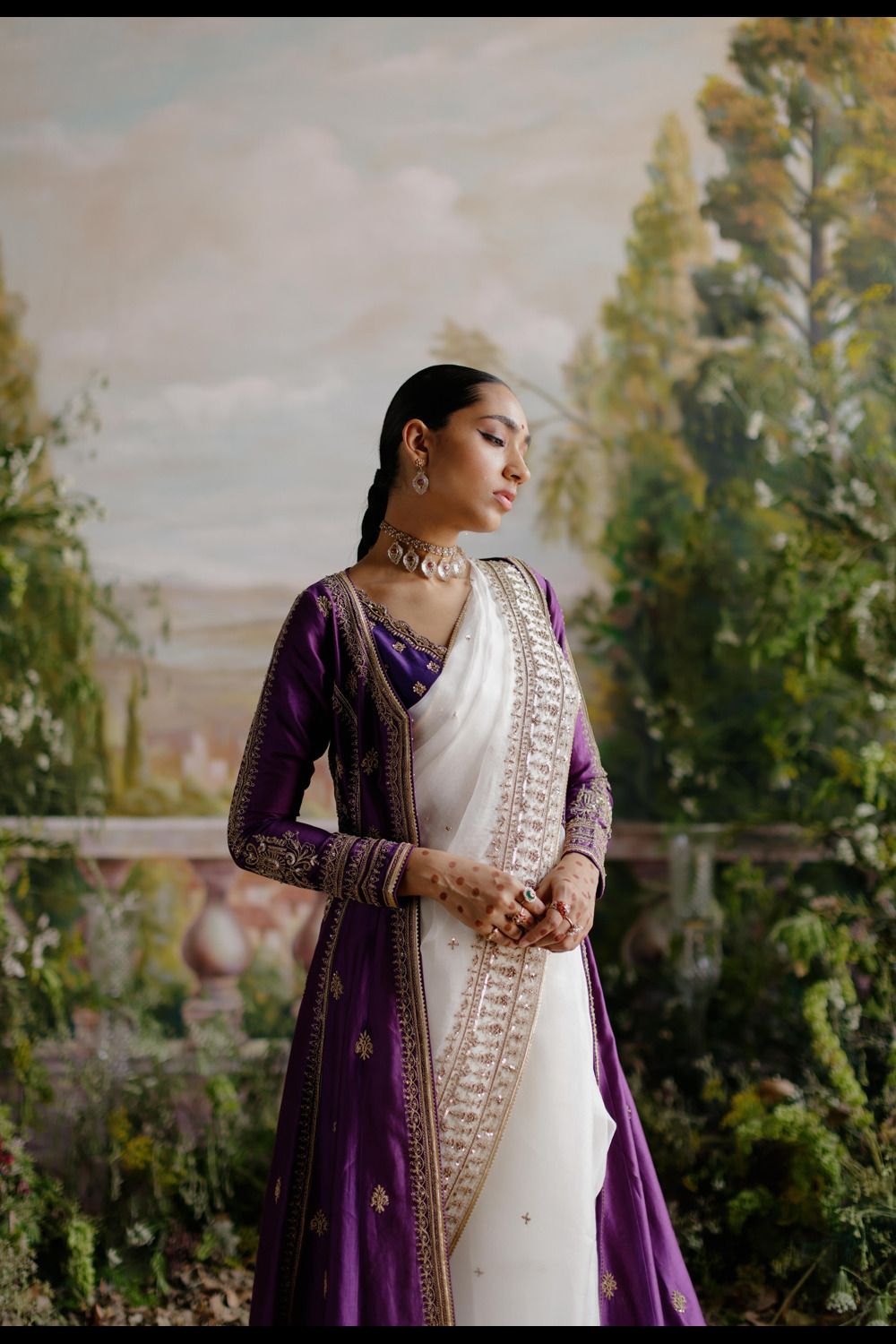 Off White Saree With Purple Jacket Set - Auraya Fashion 
