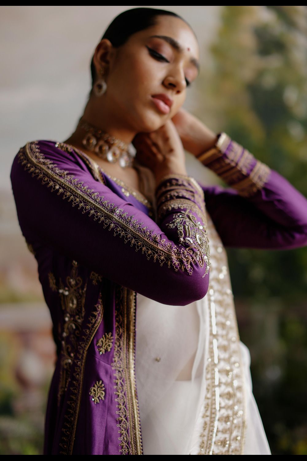 Off White Saree With Purple Jacket Set - Auraya Fashion 