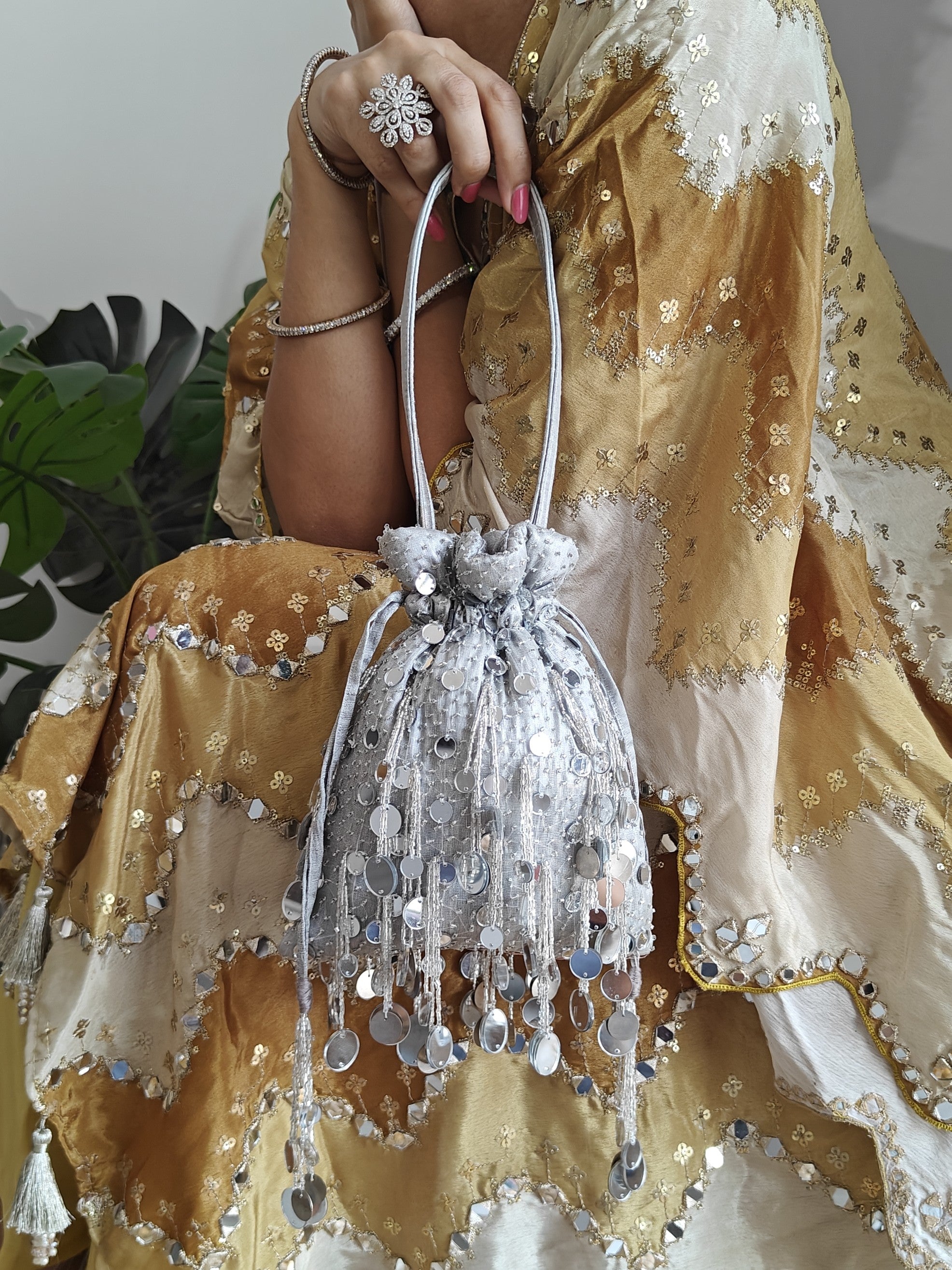 Silver Mirror Potli - Round