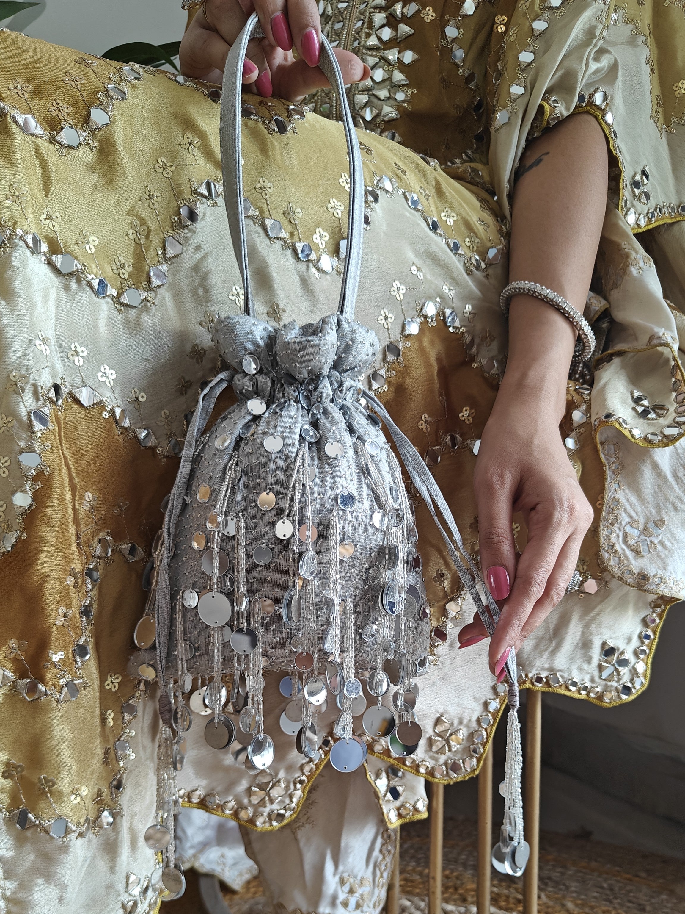 Silver Mirror Potli - Round