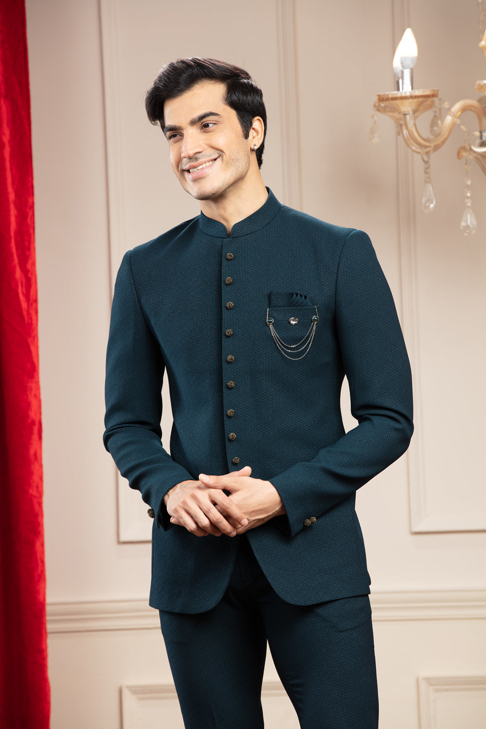 Deep Green Jodhpuri Set With Metal Buttons And Embellishments