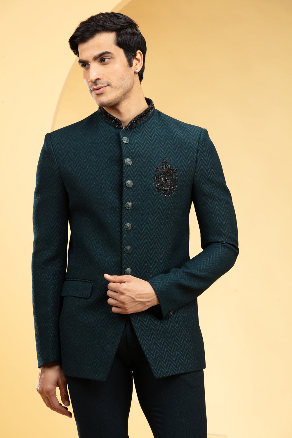 Deep Green Jodhpuri Set With Front Pockets And Self Handwork - Auraya Fashion -  - #tag1# - #tag2# - #tag3# - #tag3#