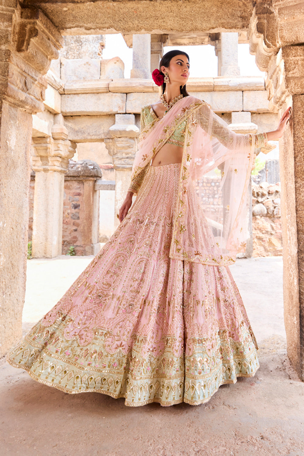 "Julia" Pastel Pink & Sea Green Zardosi And Sequin Embroidered Organza Lehenga Set