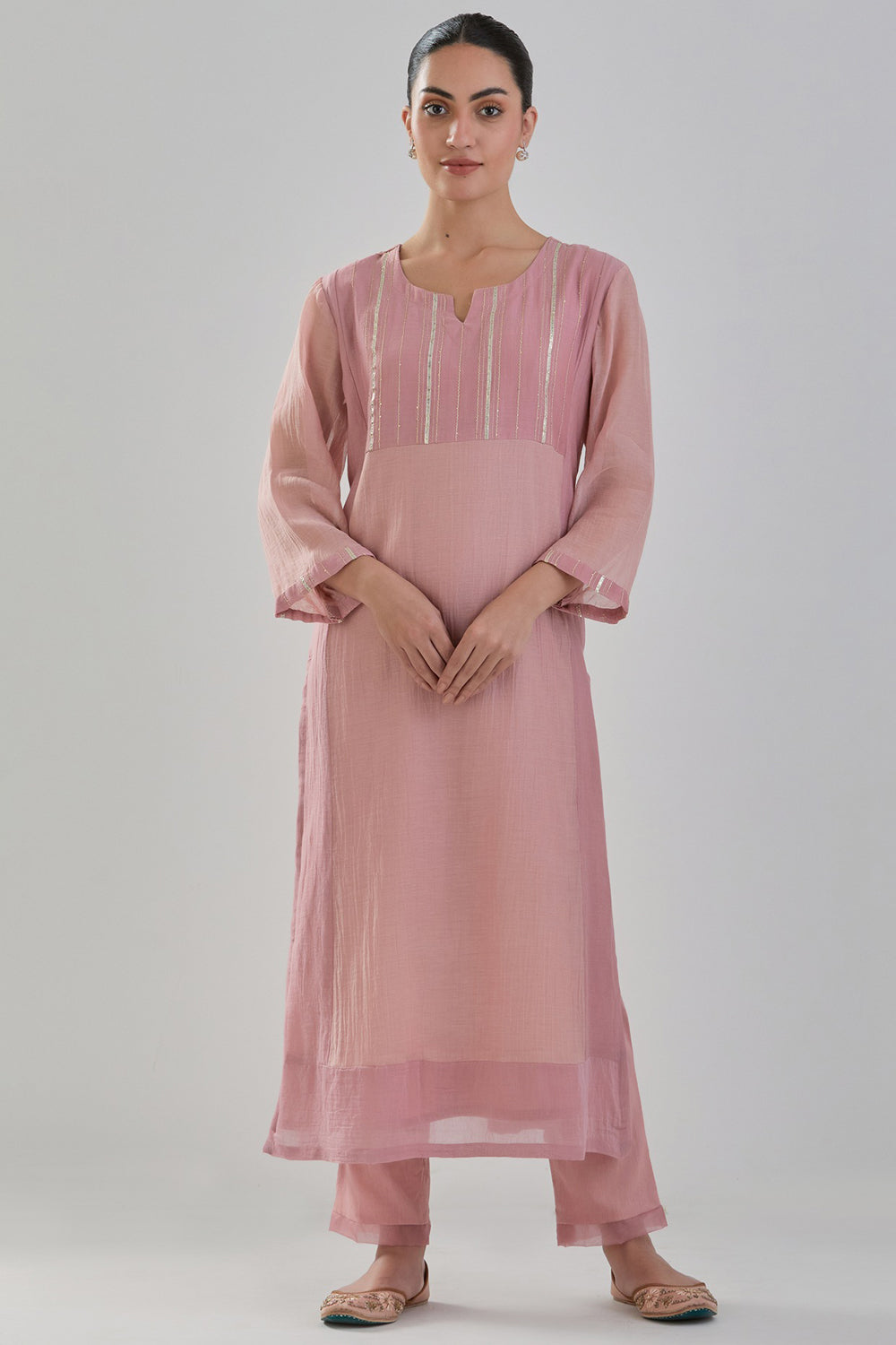 Handwoven Chanderi Kurta Set In Old Rose