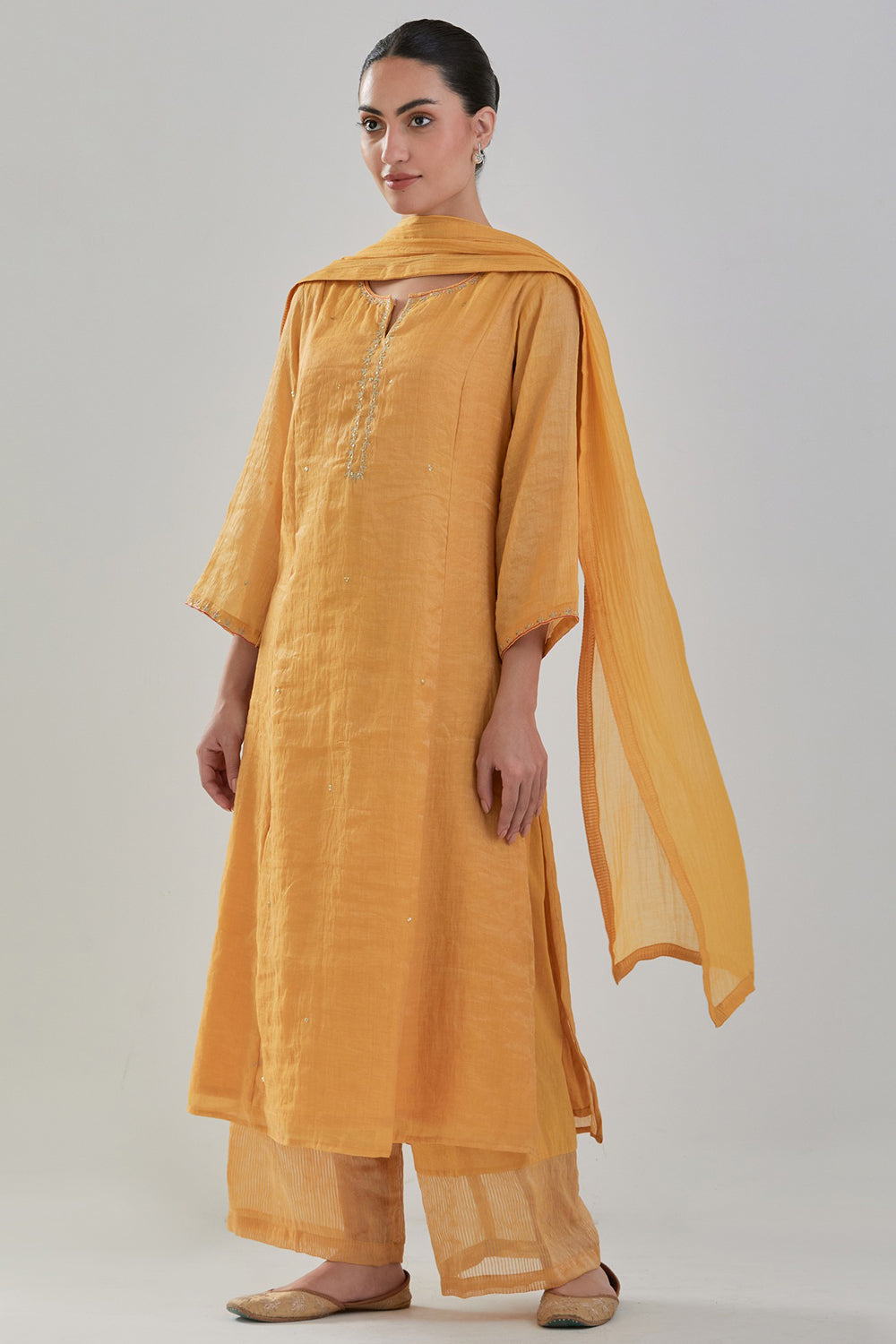 Chanderi Tissue Kurta Set In Ochre