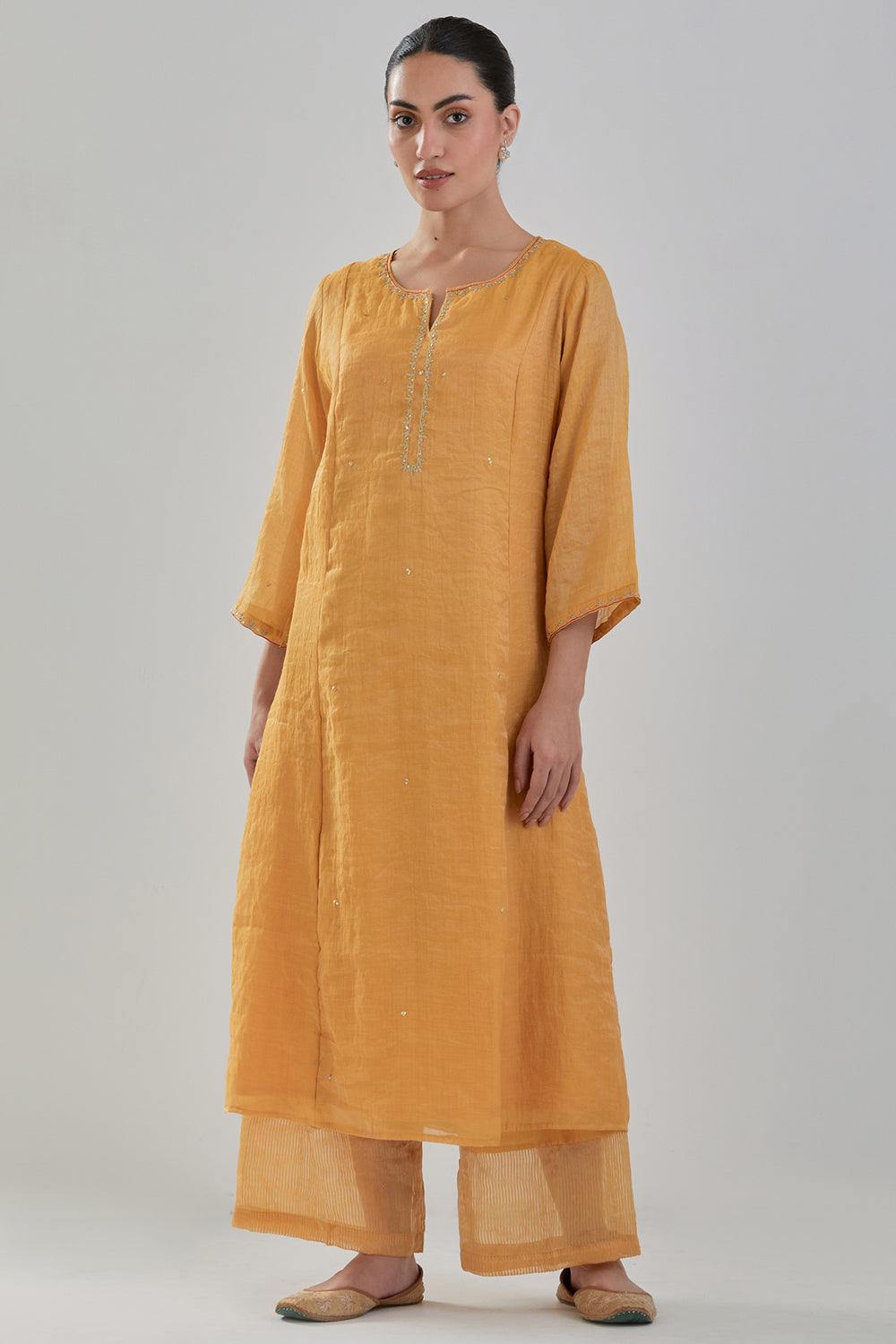 Chanderi Tissue Kurta Set In Ochre